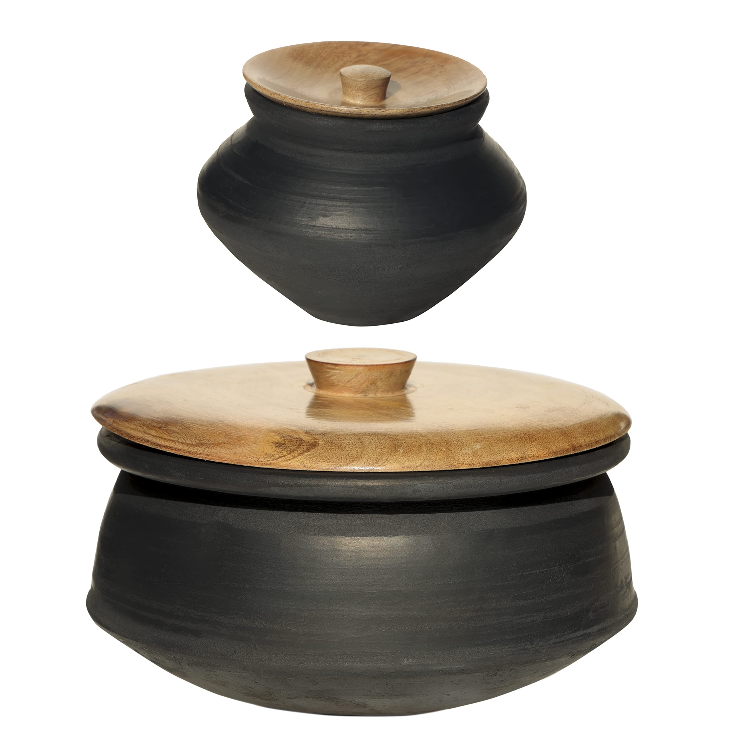 SatvaáSet of Clay Pots for Cooking on Gas (2.5 L) & Curd Pot (1 L) with Mangowood Lid (Black Color, Unglazed, Durable) (mitti ke bartan for Cooking/Mud Pot/Biryani Pot)