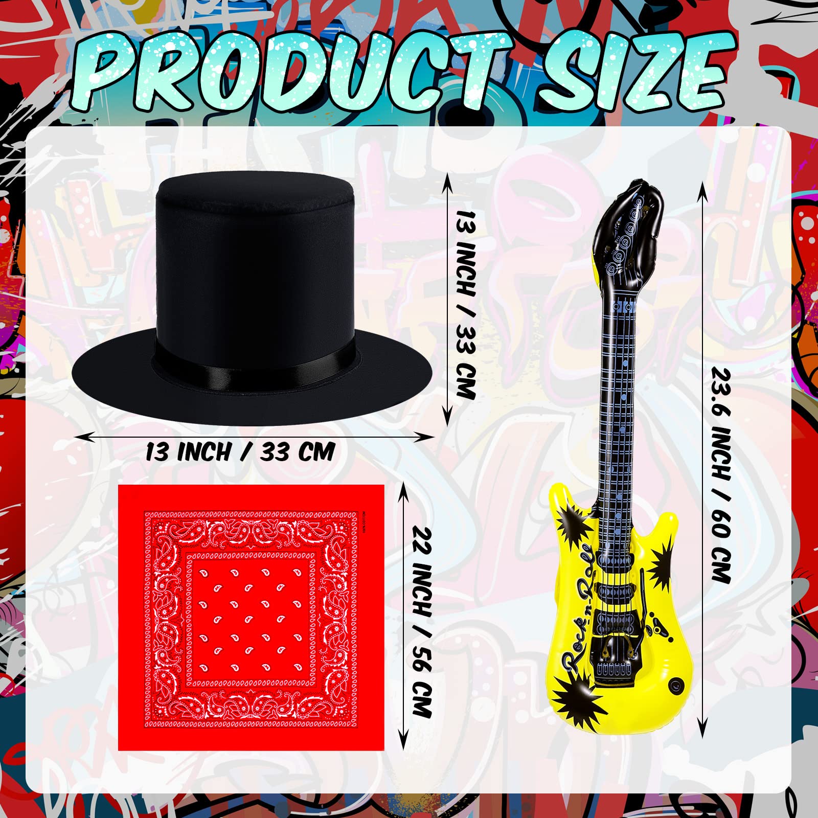2 Sets 9 Pcs Rocker 80s Costumes for Men Include Rocker Wig Inflatable Guitar Women Tattoo Sleeve Sunglasses Bandana and Hat for Halloween