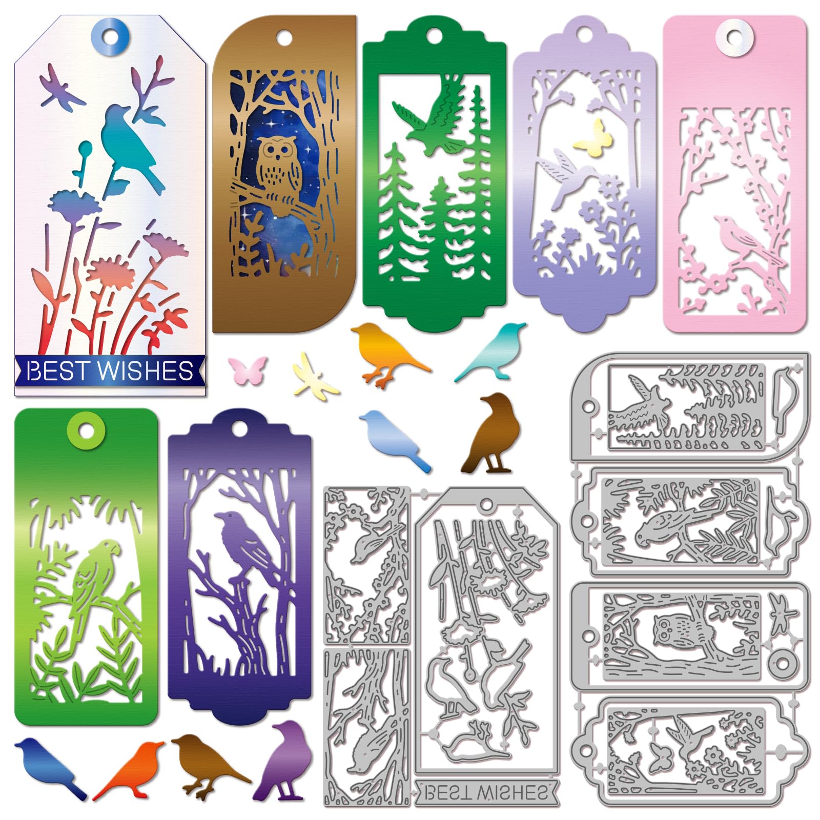 GLOBLELAND Bird Bookmark Cutting Dies Flowers Tree Silhouettes Metal Die Cuts Label Frame Cutting Embossing Templates for Scrapbooking Crafts Paper Cards Making
