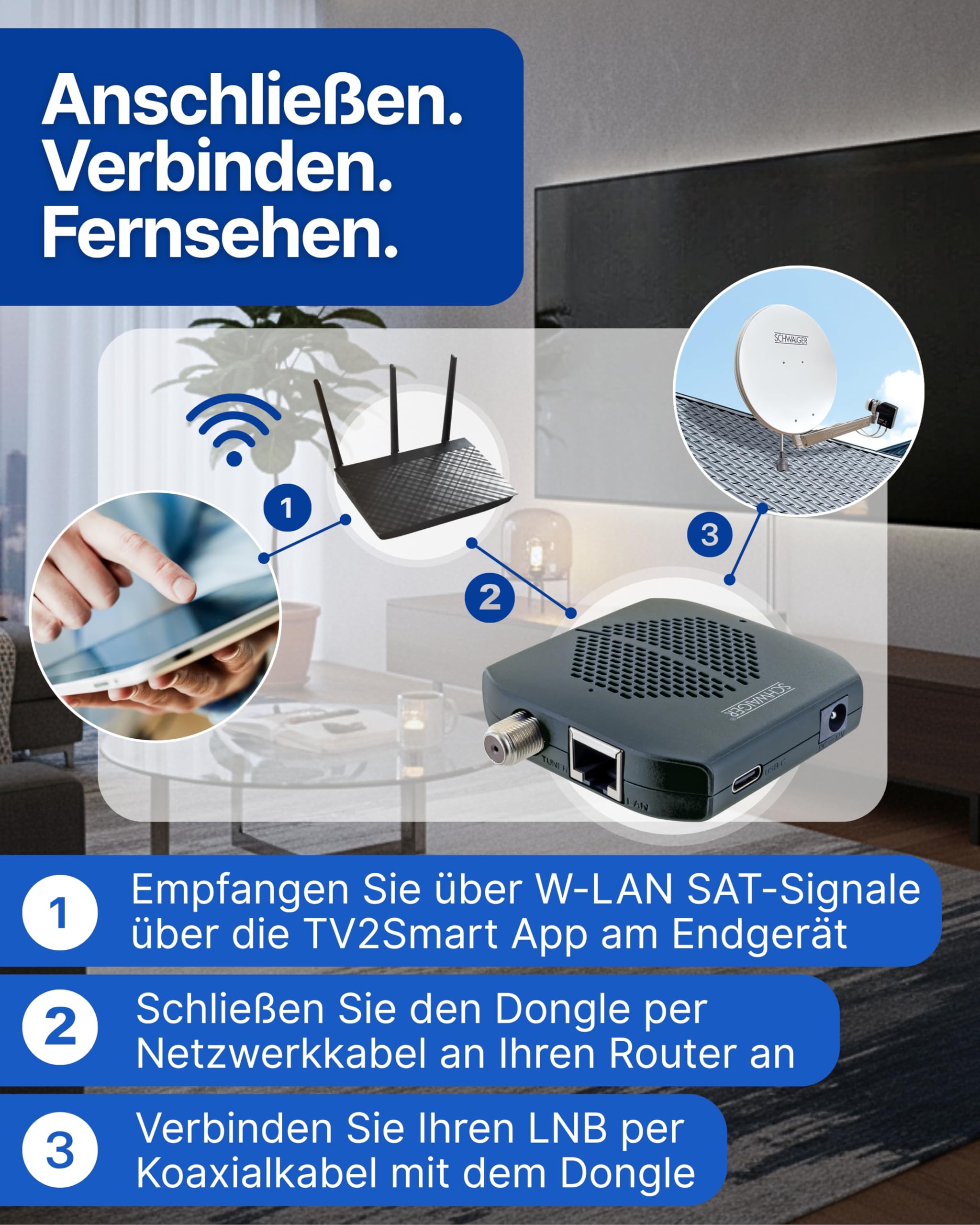 SCHWAIGER SAT Receiver I SAT-Dongle für Digitale Fernsehsignale per WLAN I kabelloses Streaming von Satellitenfernsehen per WiFi über TV2Smart App I drahtloser Satellitenempfänger für Fernseher