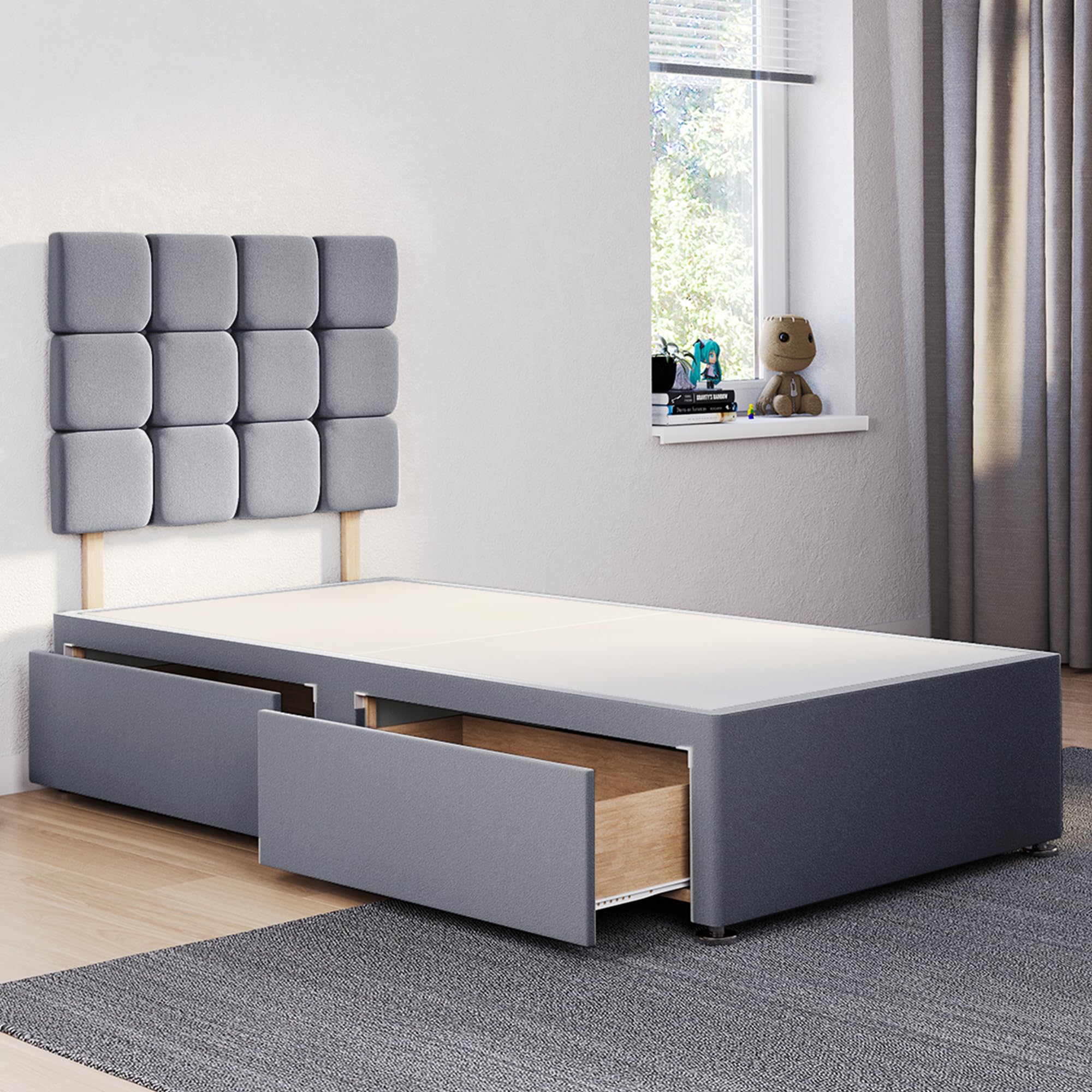 ComfoRest - Elegant 3FT Single Divan Bed with 2 Drawers & 24" Cube Headboard | Stylish Frame with Storage and a Durable Base (Grey Plush) โ image 1