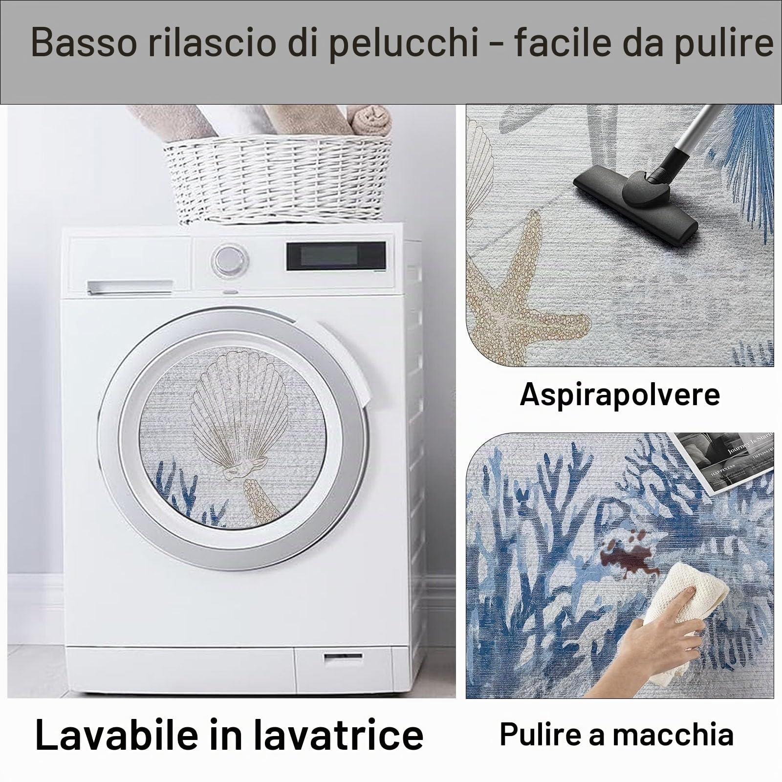 Blu Tappeto Salotto 120 x 170 cm Antiscivolo Tappeti Lavabile Stile Marino Texture Stella Marina Corallo Motivo Pelo Corto per Camerette Camera da Letto Sala da Pranzo