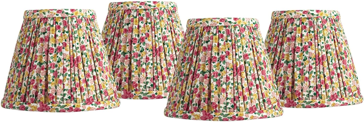 Nelle 3 1/2" Top x 6" Bottom x 5" High x 5" Slant Print Cottage Core Lamp Shade Replacement Set of 4 Small Red Yellow Empire Farmhouse Country Fabric Pleated Floral Clip On Candelabra - Springcrest