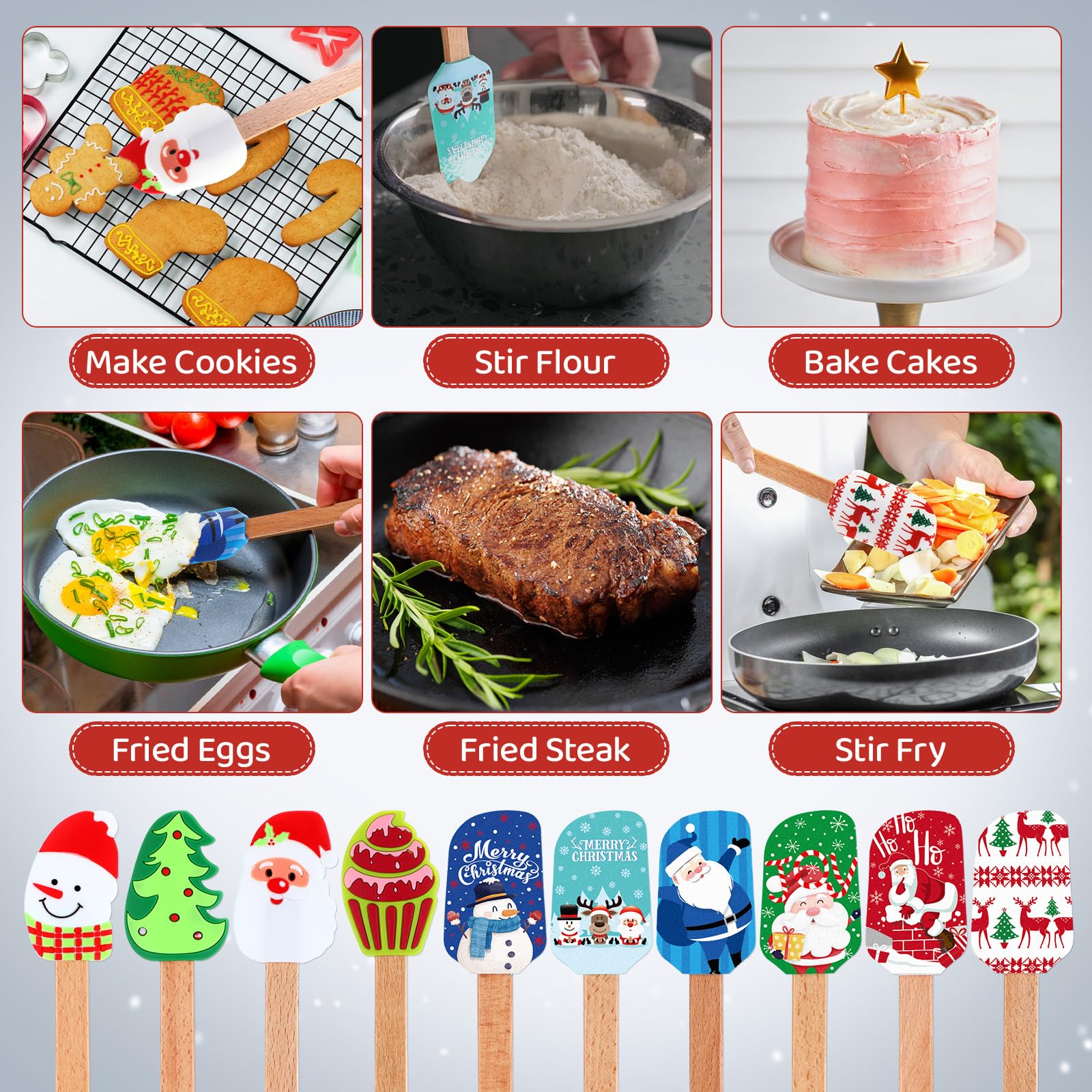 Nitial Juego de 10 espátulas de silicona de Navidad con mango de madera, espátula de Papá Noel, espátula de cocina para hornear con tarjetas de regalo de Navidad para mujeres, cocina, regalo de
