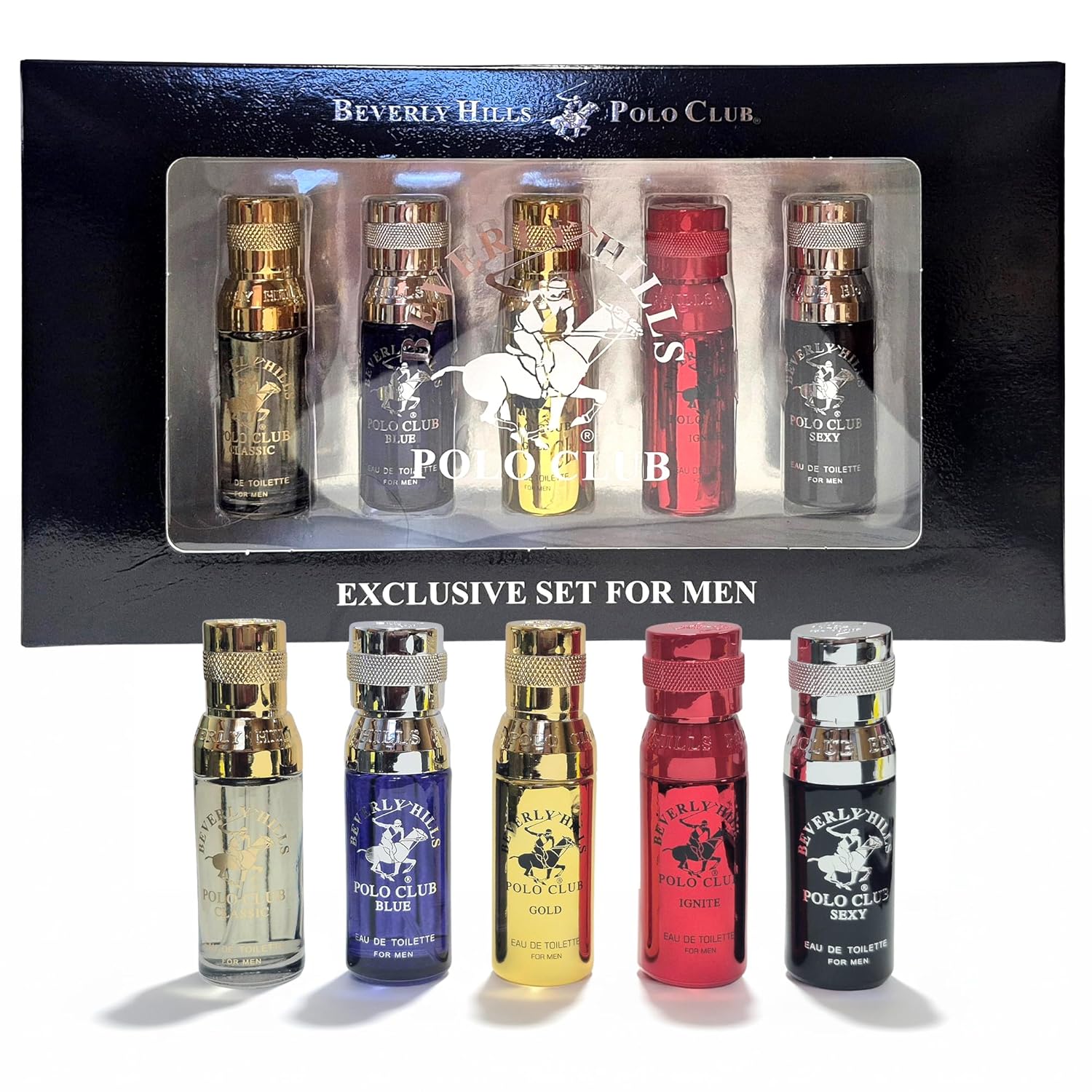 Beverly Hills Polo Club 5 Piece Mini Gift Set Exclusive for Men, EDT Eau De Toilette 5 Mini 0.5oz Bottles