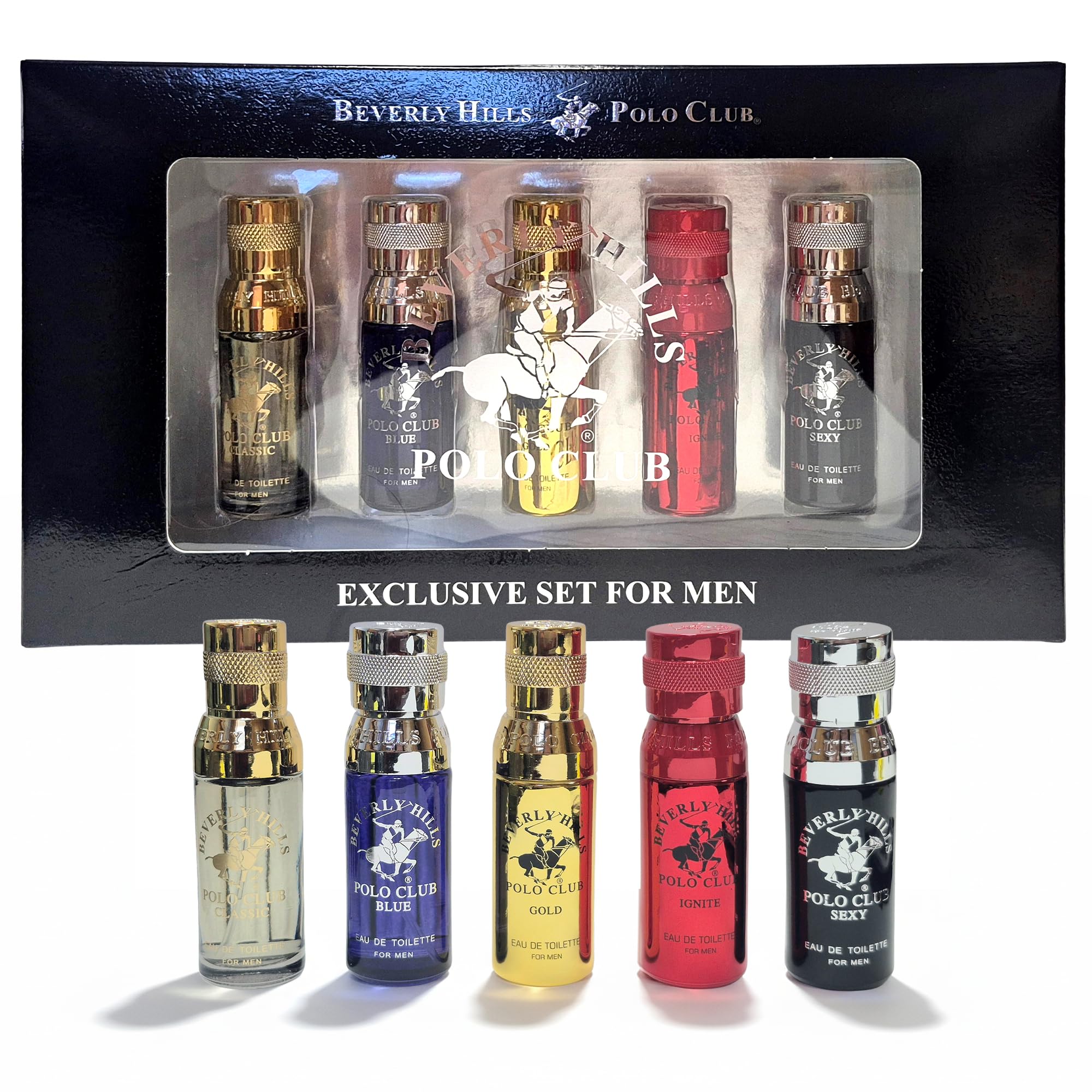 Beverly Hills Polo Club 5 Piece Mini Gift Set Exclusive for Men, EDT Eau De Toilette 5 Mini 0.5oz Bottles May Vary