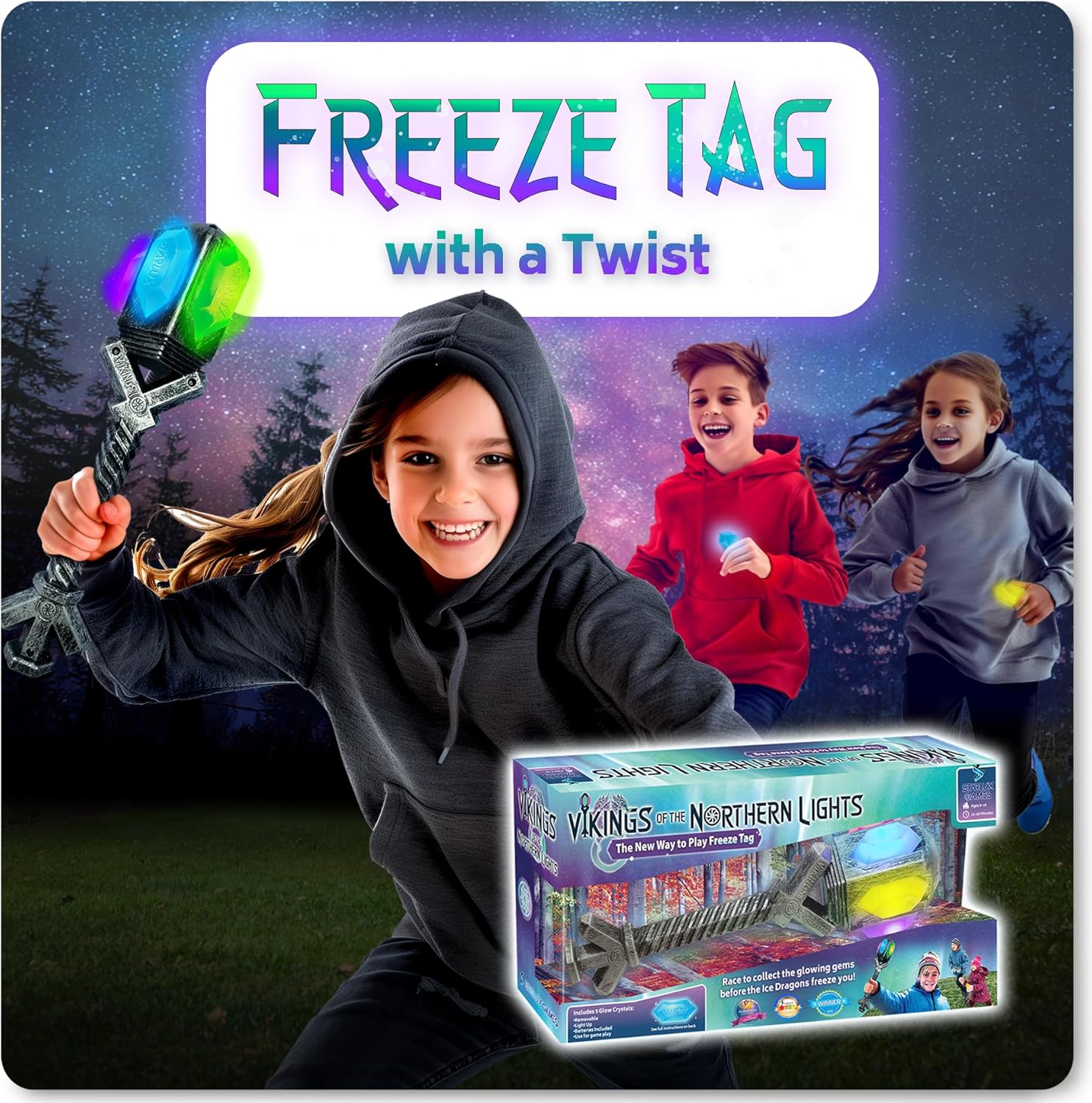Freeze Tag with a Twist: Vikings of the Northern Lights | 3-10 Players, Ages 5+ | Glow in the Dark | Gem Treasure Hunt | RV & Family Camping Games | Outdoor Games for Kids | Backyard & Summer Toys