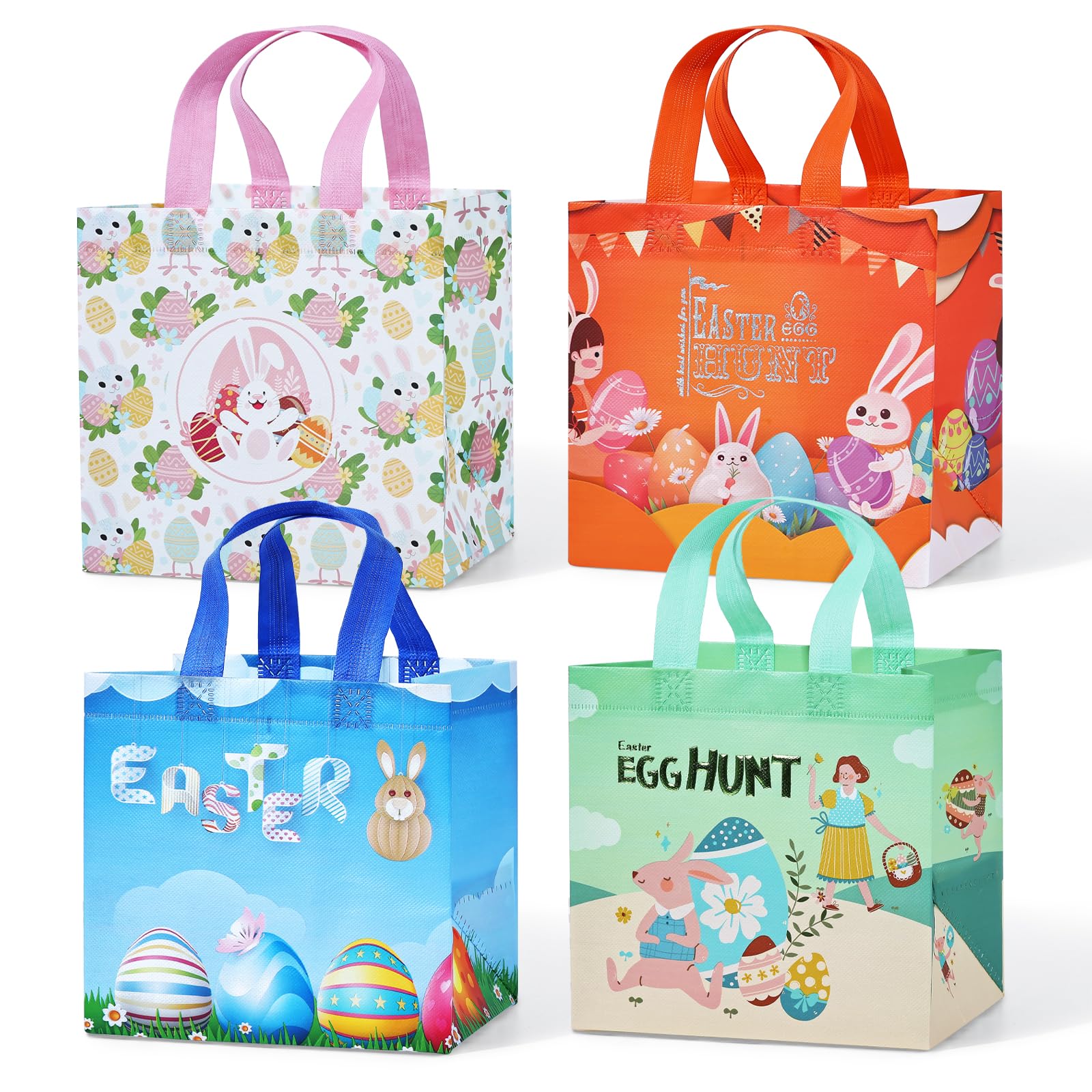 BBLIKE Easter Gift Bag Set, 4 PCS Non-Woven Tote with Handles, Waterproof Bunny Egg Hunt Party Treat Bags for Holiday Favors