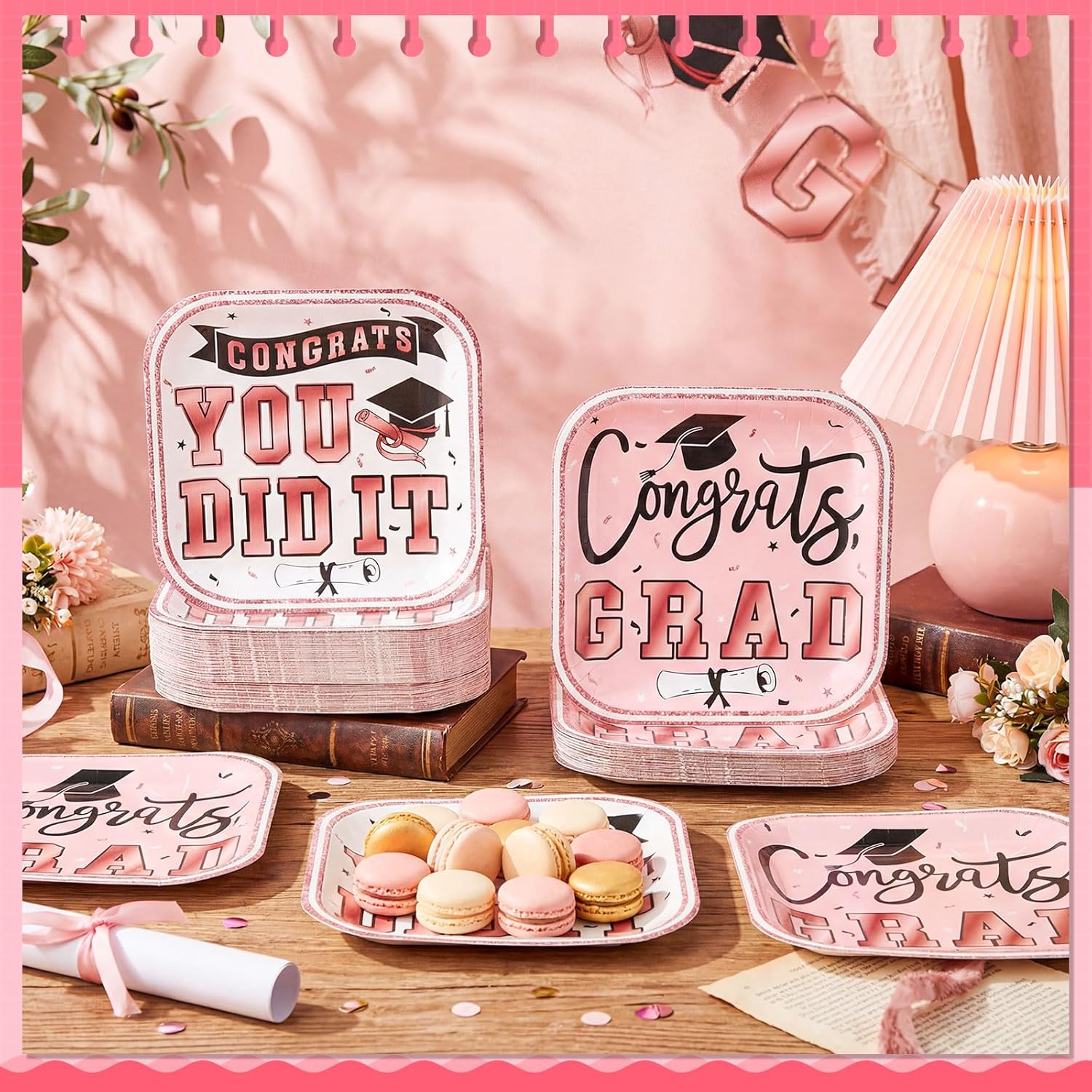200 Pcs 2026 Graduation Party Dessert Plates Bulk 7 x 7 Inch Congrats Grad Paper Disposable Square Dessert Dinner Plates for Graduation Cocktail Supplies Party Decor (Square,Pink)
