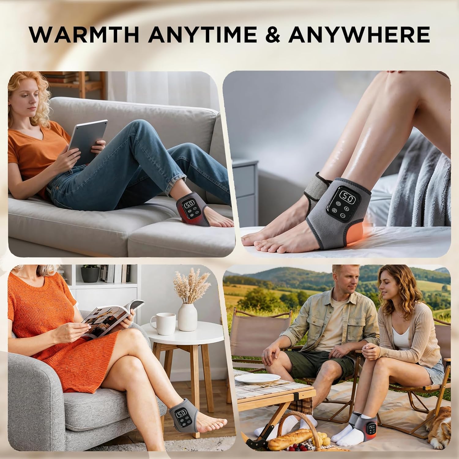 Foot Renew Massager for Neuropathy,4-in-1 Cordless & Portable Foot and Ankle Massager for Heel Warming Heating Pad Heated Brace Wrap With 5 Vibration Modes,4 Heat Levels,Portable for Home,2pcs,Grey