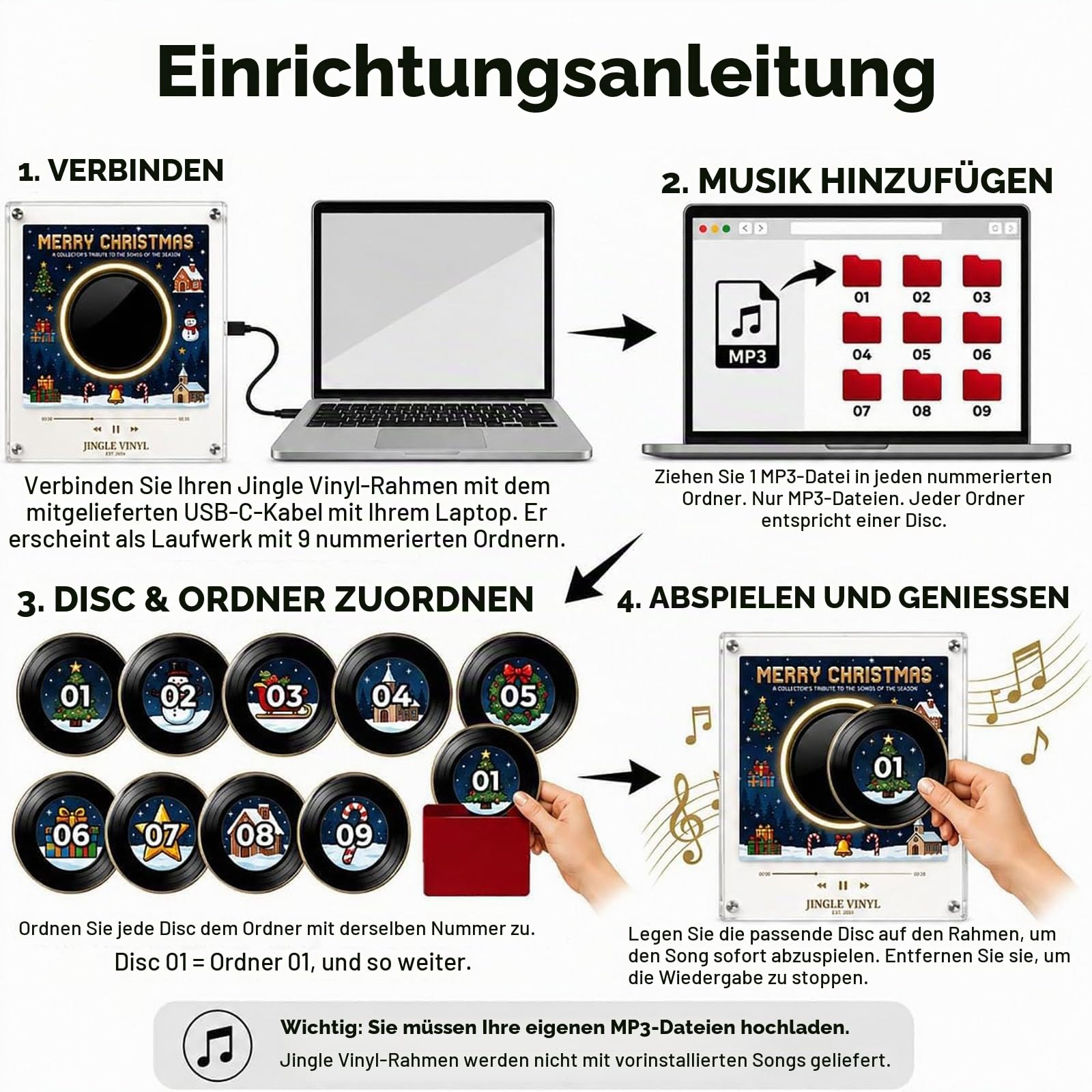 Magnetische Kühlschrank-Vinyl-Spieluhr Weihnachten, 9 Mini-Vinylscheiben