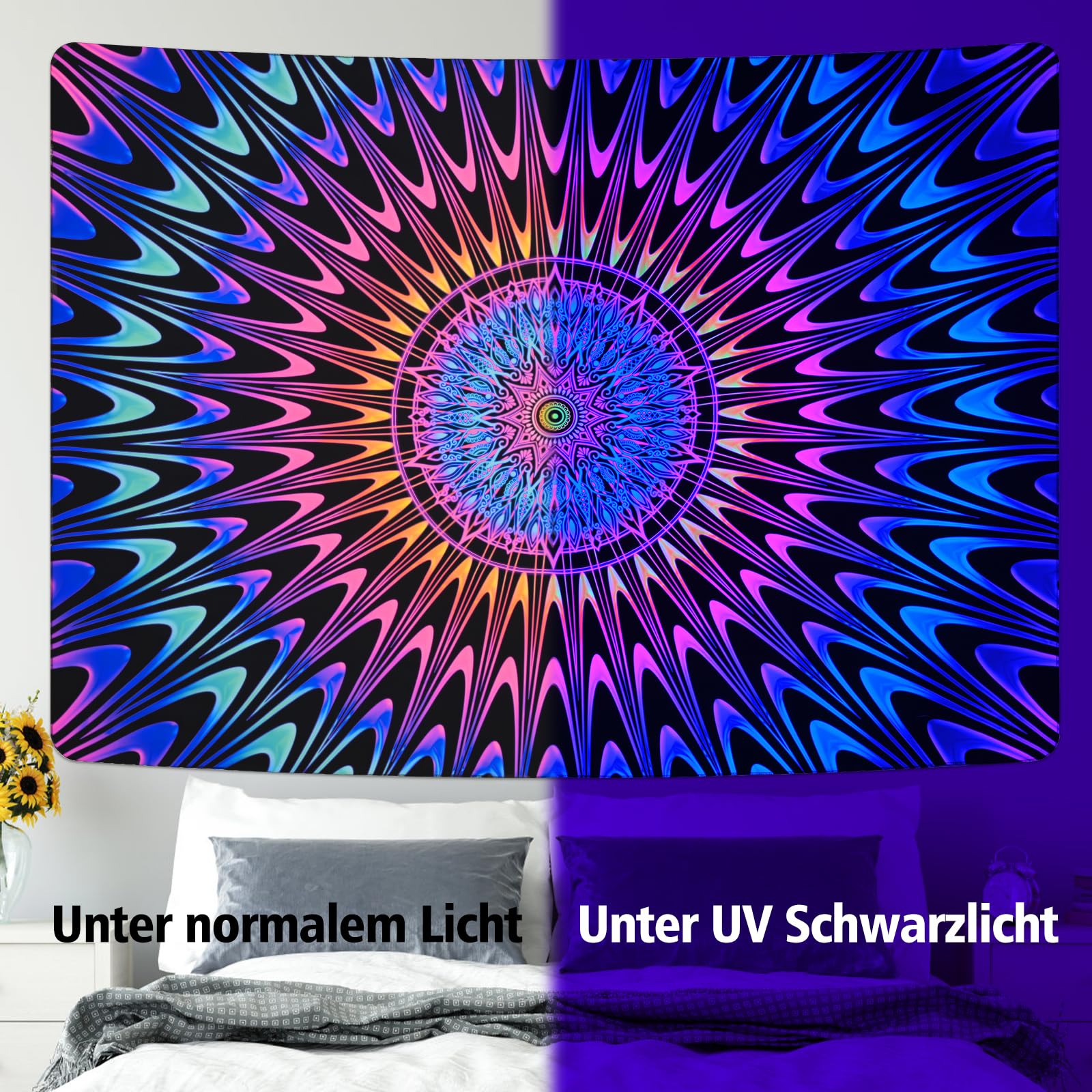 Alishomtll Czarno-kolorowy, dywan ścienny w stylu boho, mandala, reaktywna na promieniowanie UV, psychodeliczny hipisowski dywan ścienny, dekoracja domu, do sypialni, na imprezę, 210 x 150 cm
