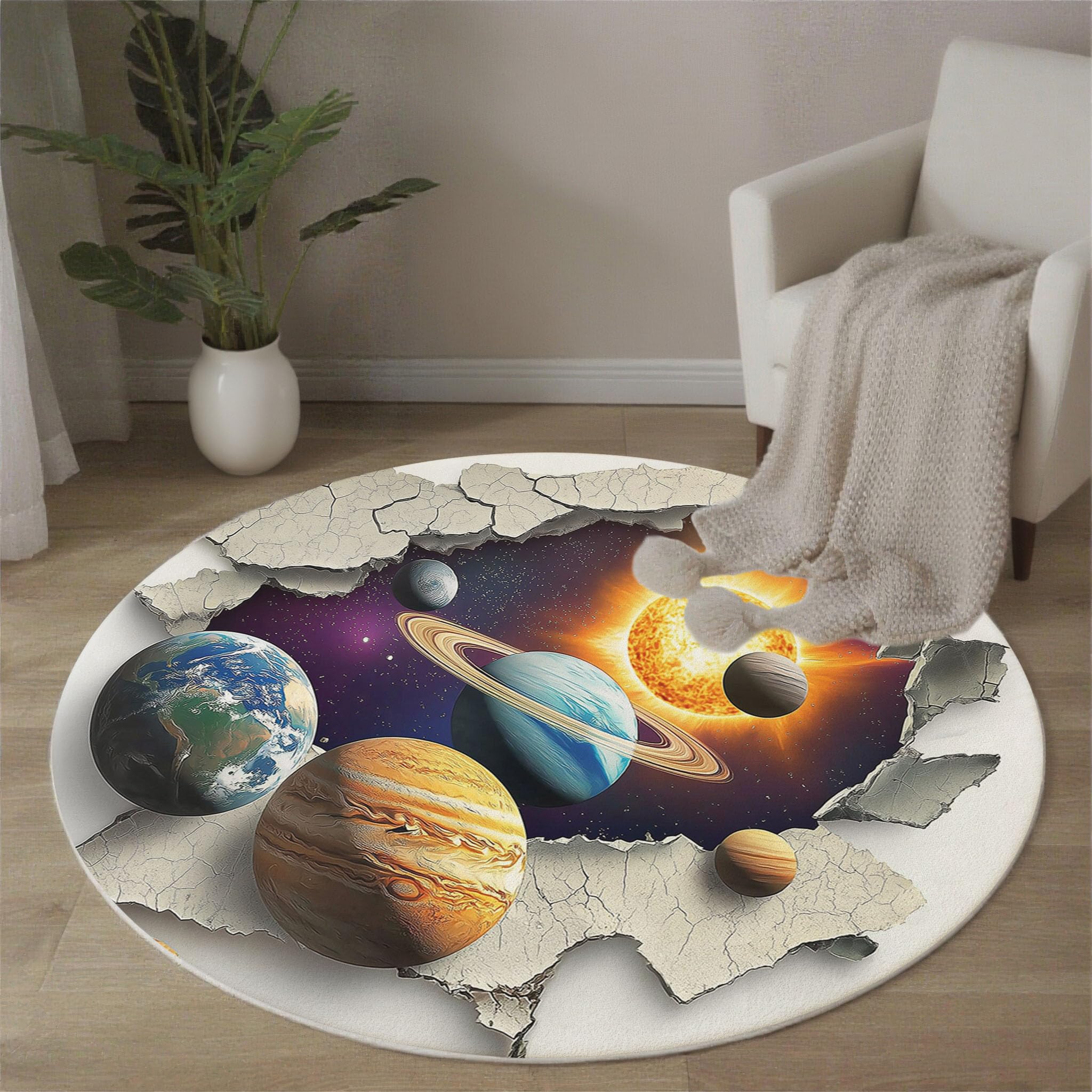 Tapis Rond Système Solaire Planètes 100cm, Art 3D Chic Lavable en Machine Salon Tapis Antidérapant, Moquette Imprimé pour Salle à Manger, Chambre d’Enfant, Nurserie, Violet