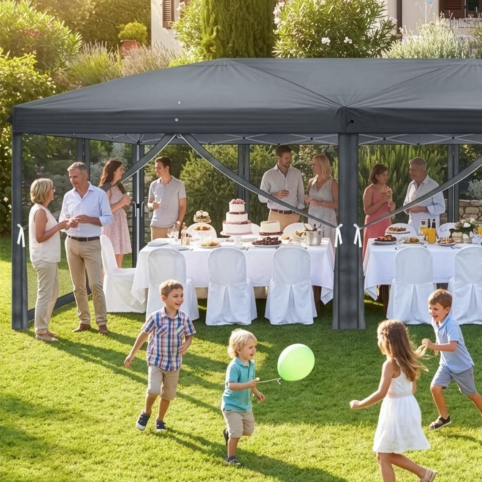 LEADZM Gazebo pieghevole, 3 x 6 m, impermeabile, protezione UV 50+, regolabile in altezza con 6 zanzariere, stabile, ideale per giardino, terrazza, campeggio e uso commerciale, antracite
