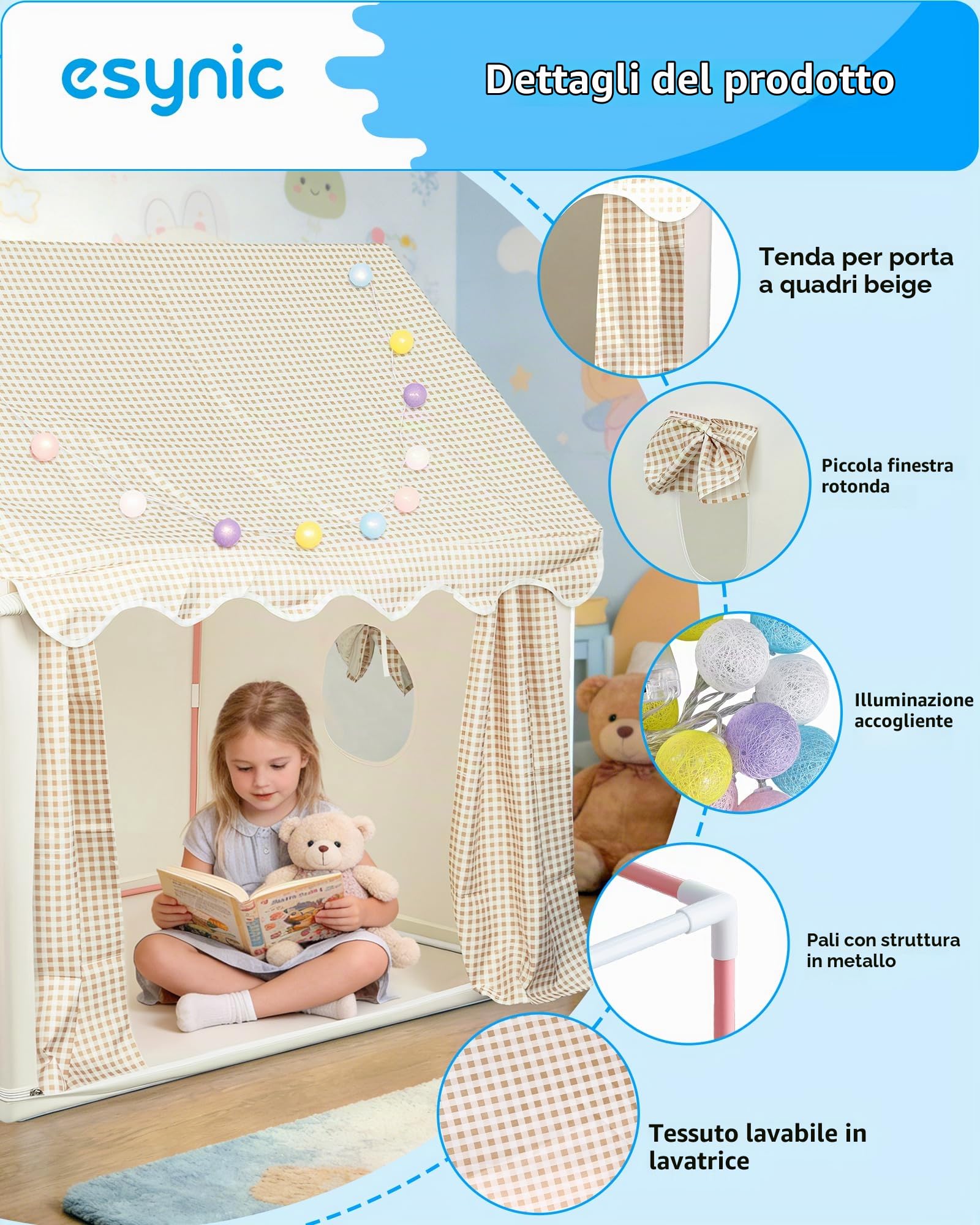 eSynic Tenda da Gioco per Bambini con Luci LED Decorative, Casetta Stanza di Attività Giochi con 2 Finestre per 2-3 Piccoli, Angolo da Lettura Studio, Facile da Montare - Beige a Quadri