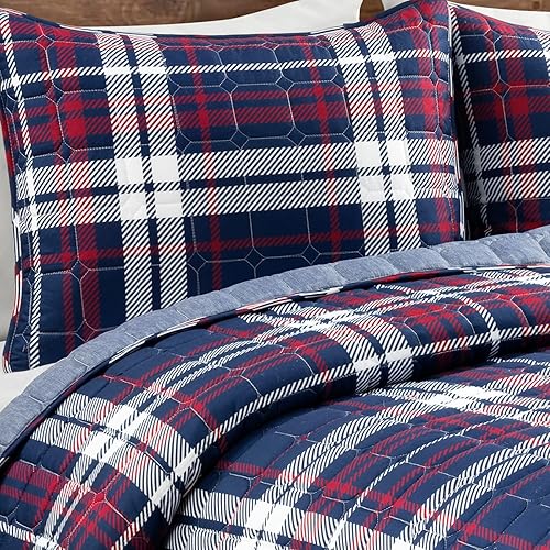 Miniatura 3 de Lush Decor Grayson Farmhouse - Juego de edredón reversible de 2 piezas, tamaño individual XL, azul marino y rojo