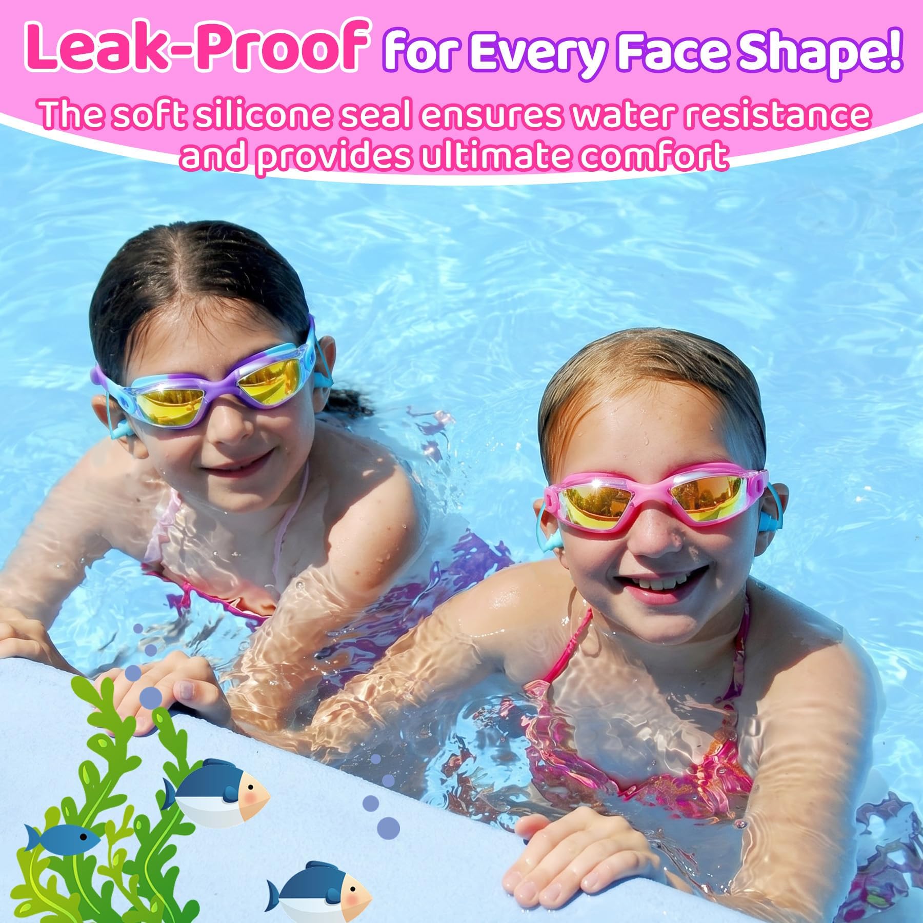 Vvinca Lot de 2 paires de lunettes de natation pour enfants avec bouchons d'oreilles et pince-nez, lunettes anti-buée/UV pour enfants, adolescents de 3 à 15 ans