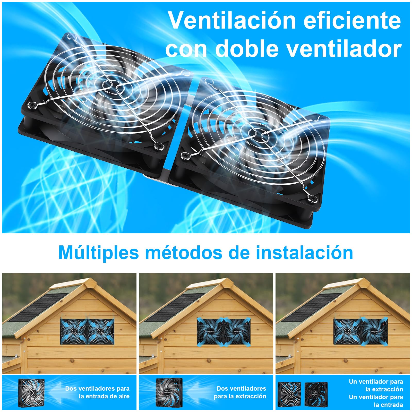 Ventilador Solar Exterior 15W Ventilador de Panel Solar Kit de Panel Solar con Doble Ventilador de CC para Invernadero, Gallinero y Cobertizo, Resistente al Agua