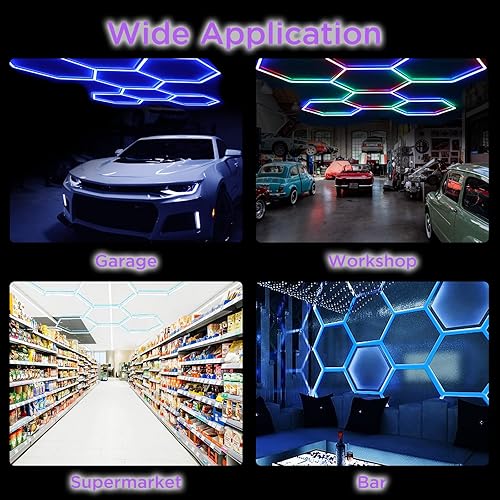 Miniatura 5 de Luz de garaje LED hexagonal, 5 sistemas de rejilla de panal de abeja, luces de techo de alto brillo, luz LED de garaje enlazable para almacéntienda