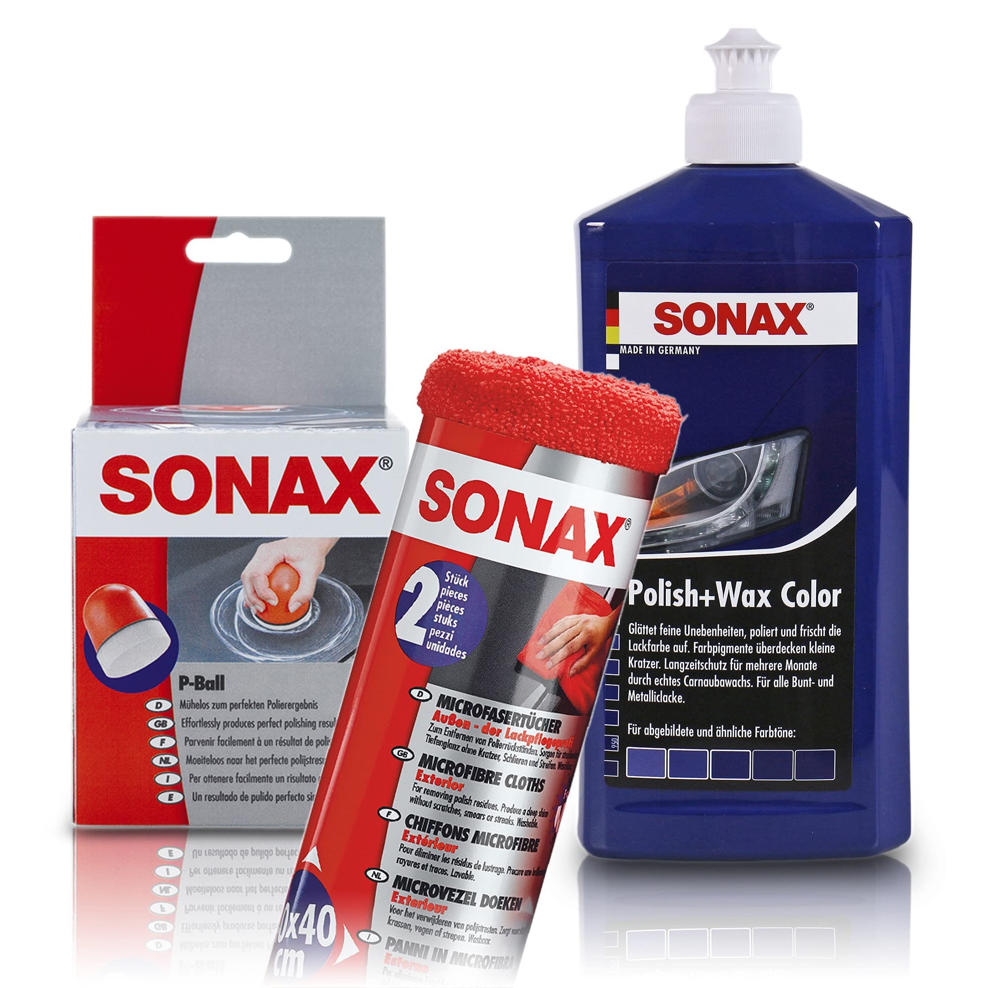 1x 500ml SONAX POLISH & WAX COLOR BLAU + P-BALL+ 2x MICROFASERTÜCHER SET