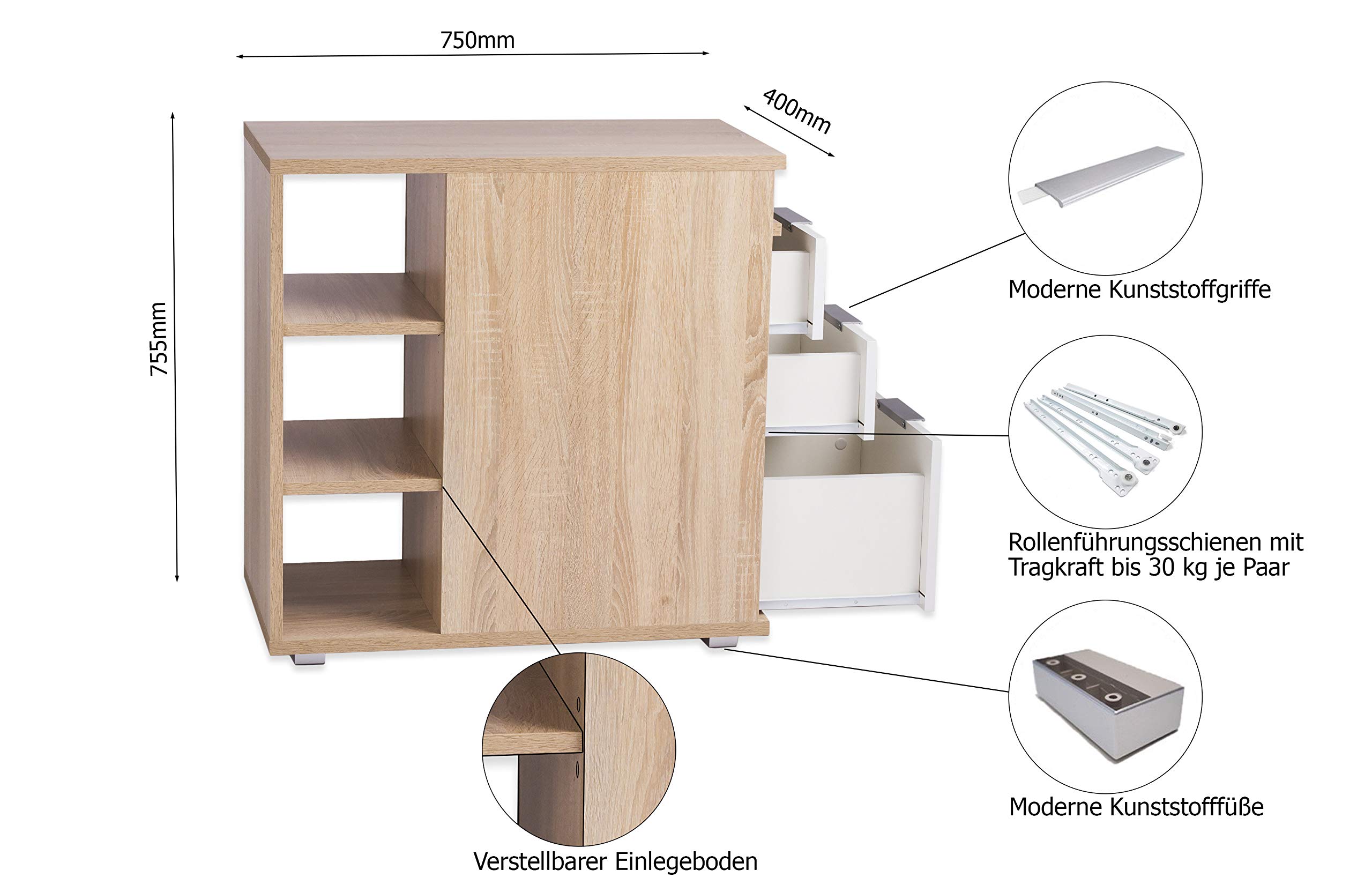 mutatio Schubladenschrank Container mit Schubladen 40 cm x 75 cm x 75 cm Bürocontainer Sonoma Eiche Beistellschrank Für Schreibtisch Nachttisch Unterschrank Büromöbel Nachtkommode