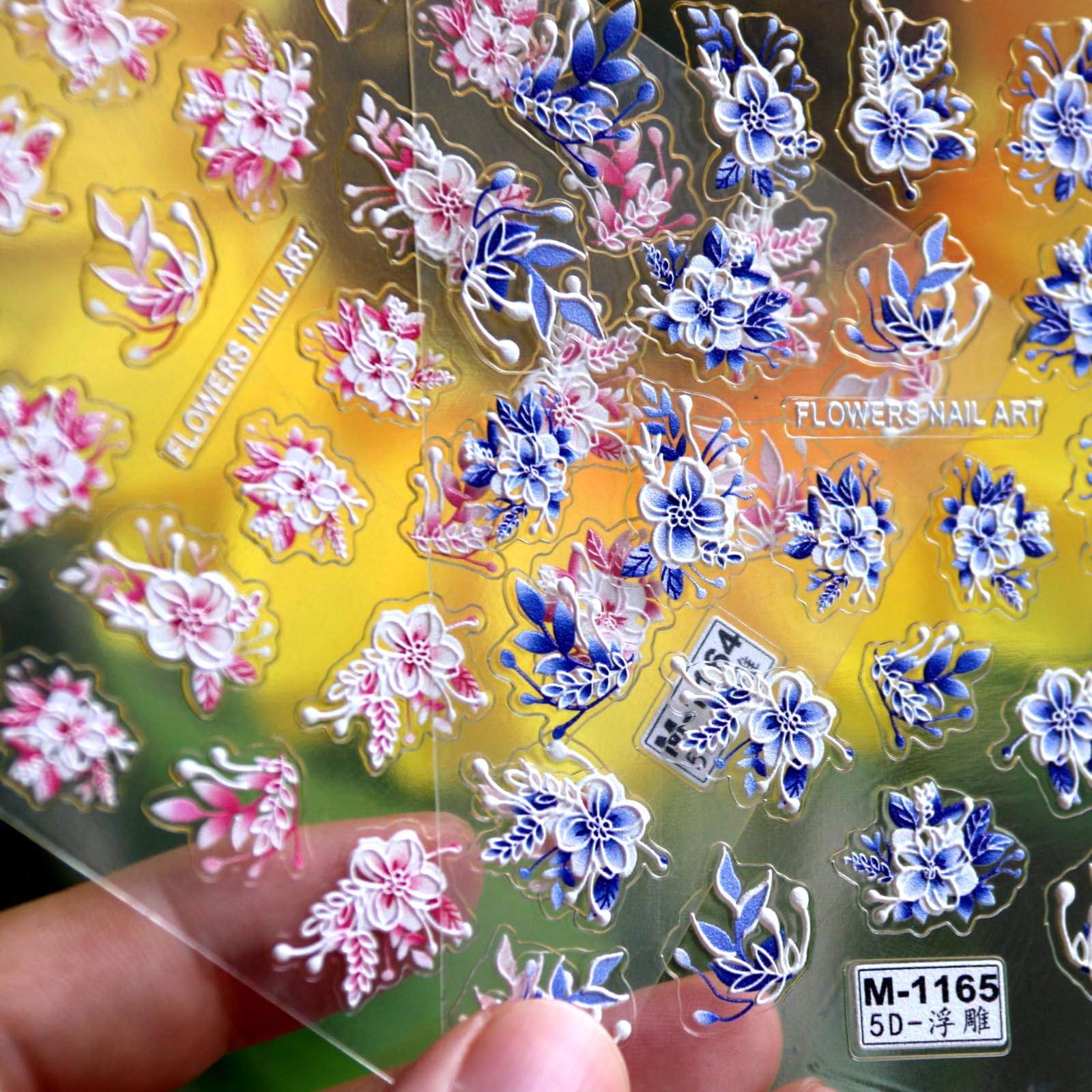 Flower Nail Art Stickers Decals Pink White 5D Embossed Nail Decals Spring Nail Stickers for Nail Art Blue White Flowers Self-Adhesive Nail Art