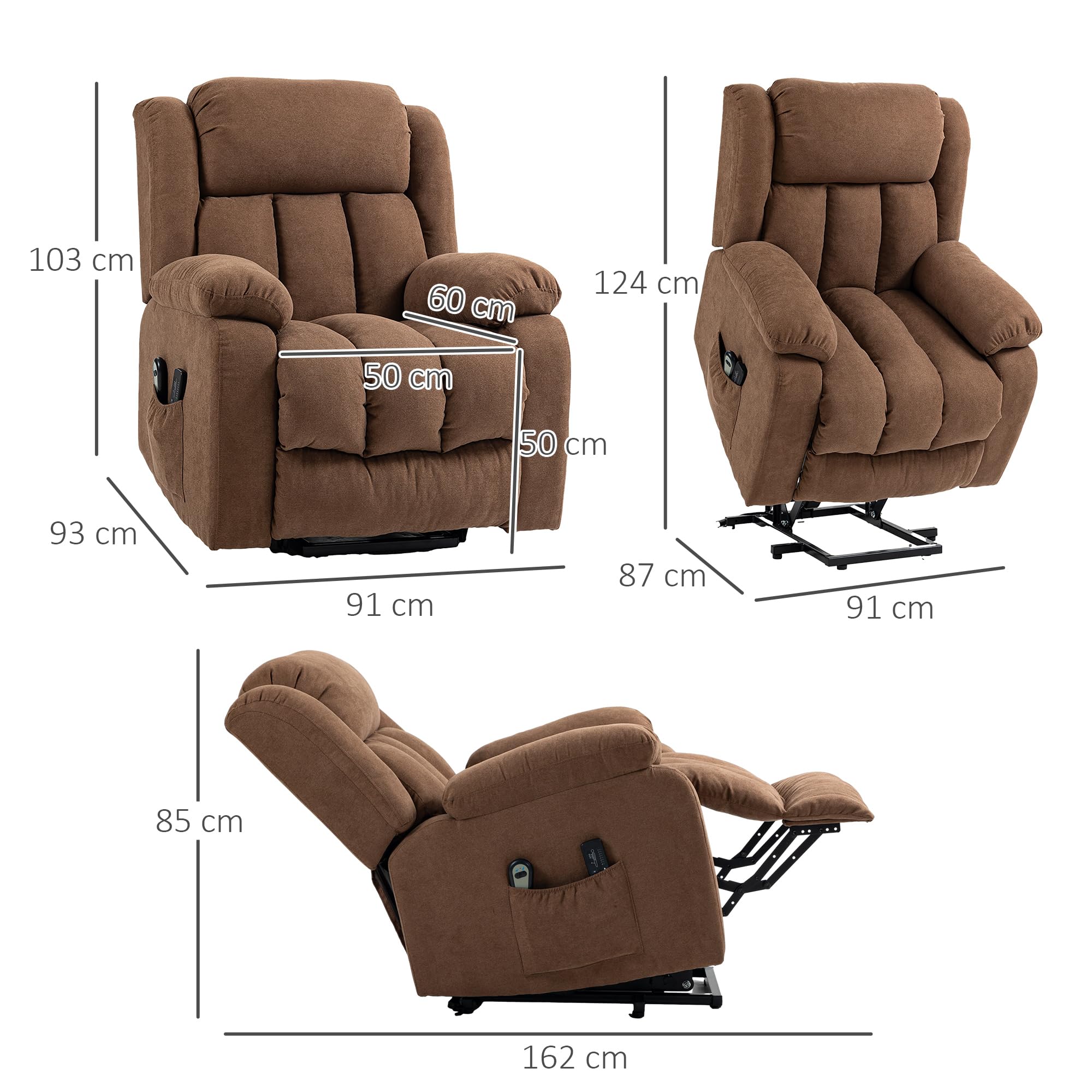 HOMCOM Poltrona Alzapersona Elettrica con Telecomando, Poltrona Relax Massaggiante e Reclinabile in Tessuto con Poggiapiedi e Tasche Lateriali, 91x93x103cm, Marrone