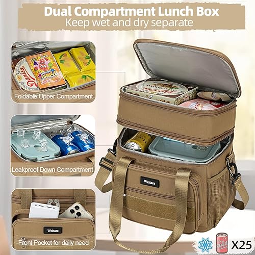 Miniatura 3 de Weitars Lonchera para hombres y mujeres, lonchera de doble compartimento, resistente, grande, aislada, bolsa de almuerzo táctica duradera con correa