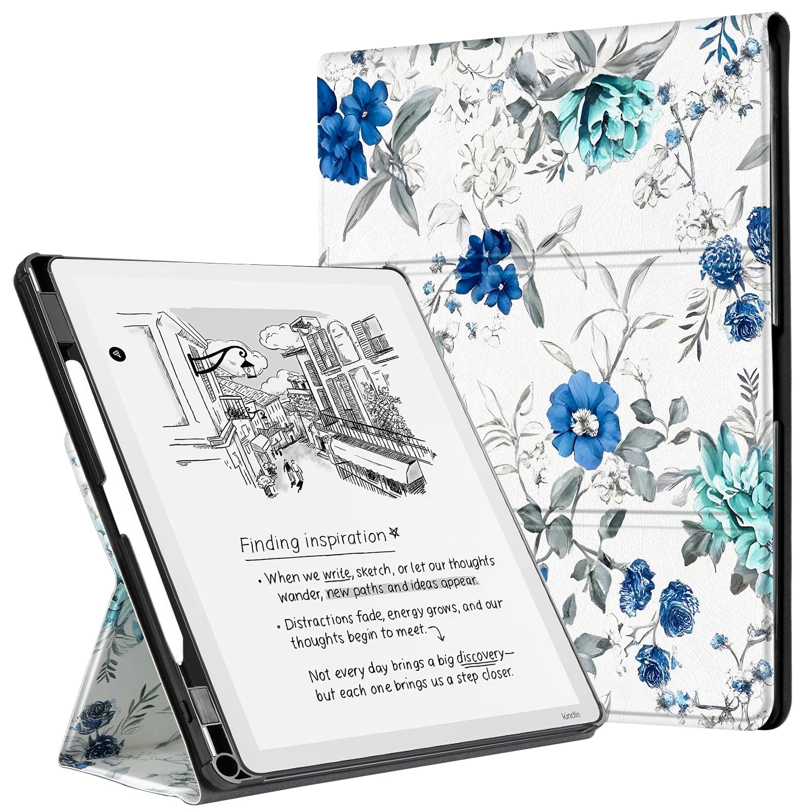 CoBak Case for 11" Kindle Scribe 3rd Generation 2025, Kindle Scribe Colorsoft with Two Viewing Angles - All New PU Leather Cover with Auto Sleep Wake, Pen Holder. Blue Blossom