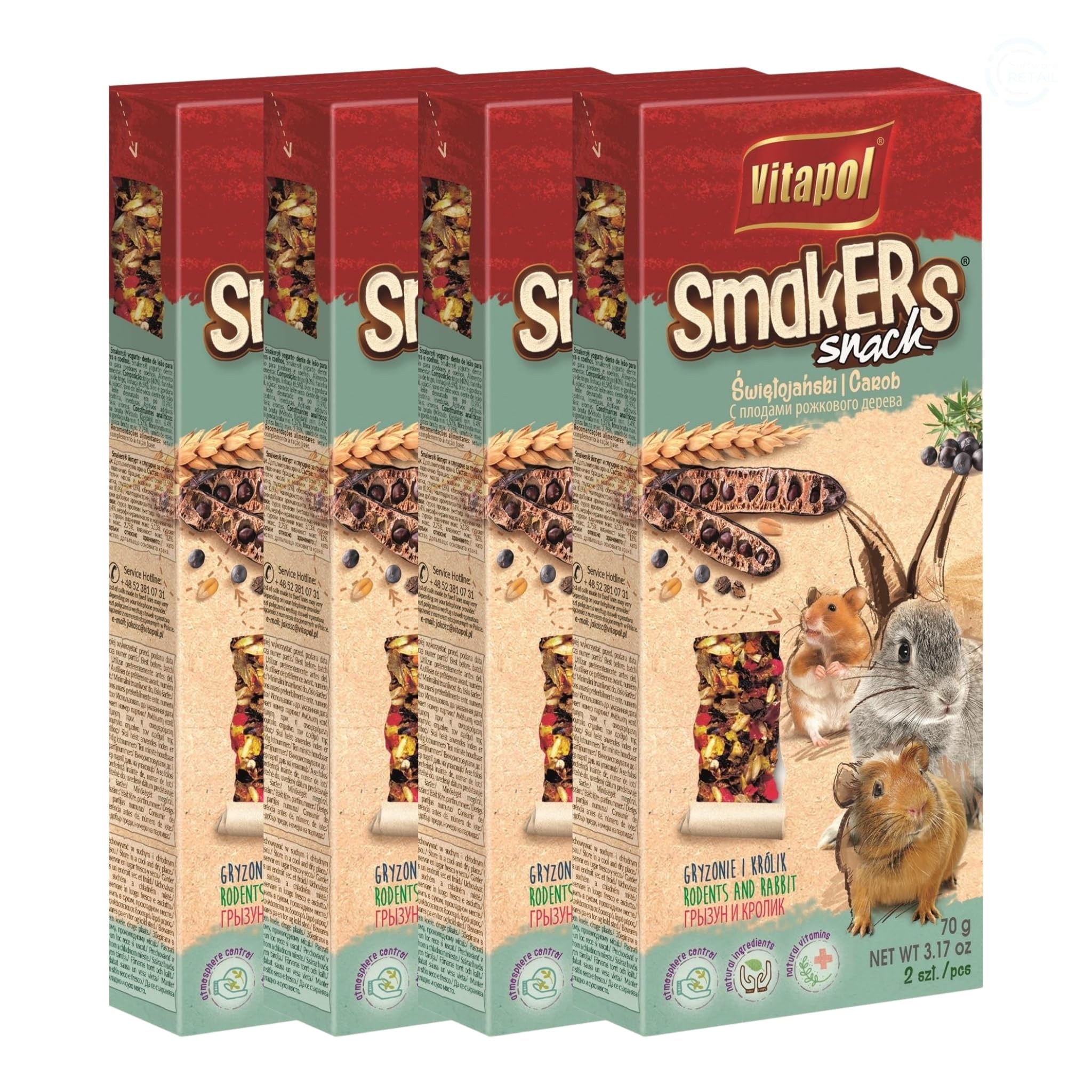Vitapol Smakers® Natural Treat Sticks for Rodents & Rabbits – Enriched with Fruits, Vegetables, Herbs, Nuts & Probiotic Yoghurt – Healthy Complementary Snacks (12pcs, 540g, Carob)