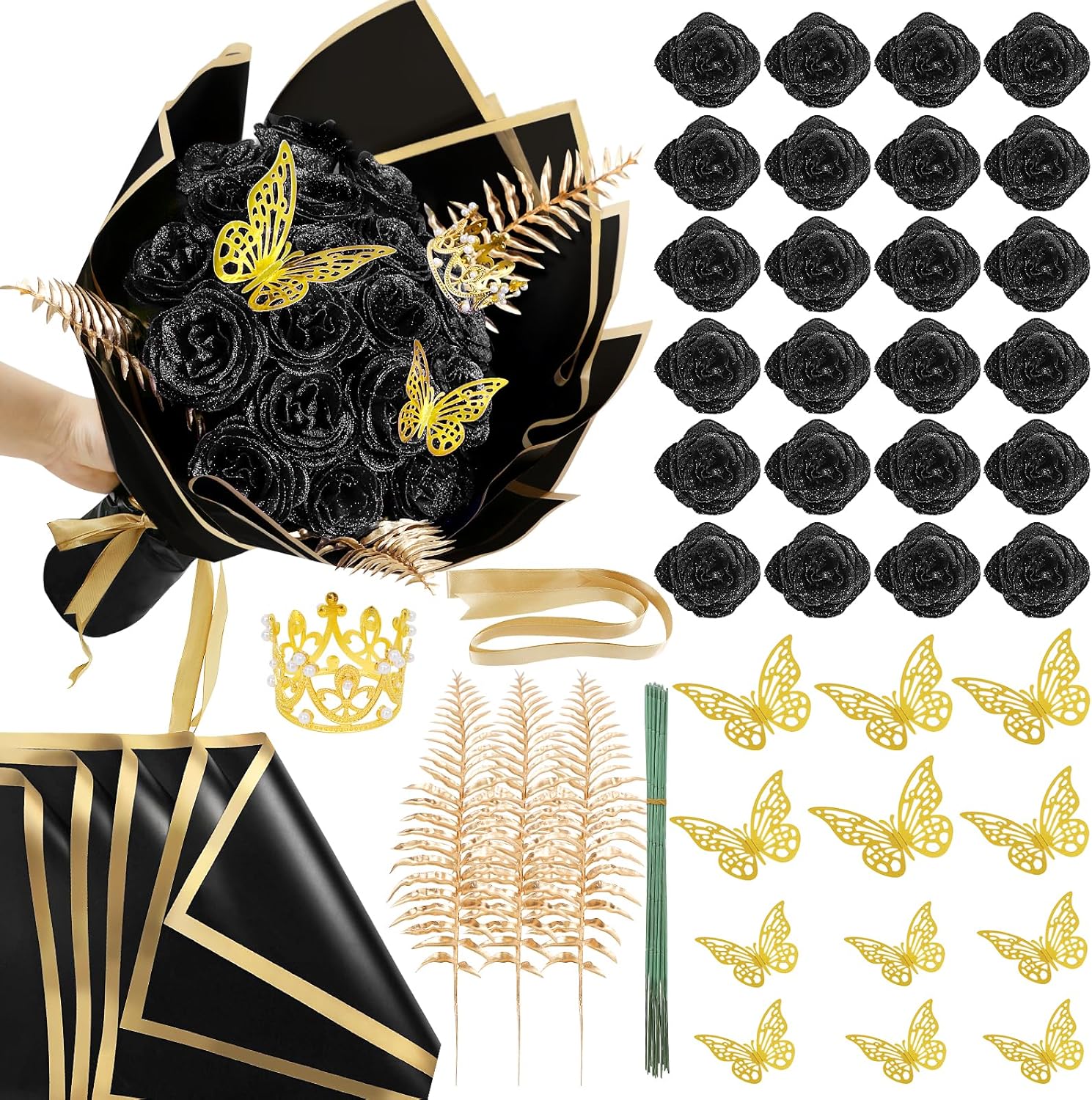 DIY Glitter Roses Bouquet Black- 24 Pack Fake Shiny Flowers with Stems Eternal Floral for Halloween Elegance Wedding Bouquets Anniversary Birthday Party Christmas Decorations