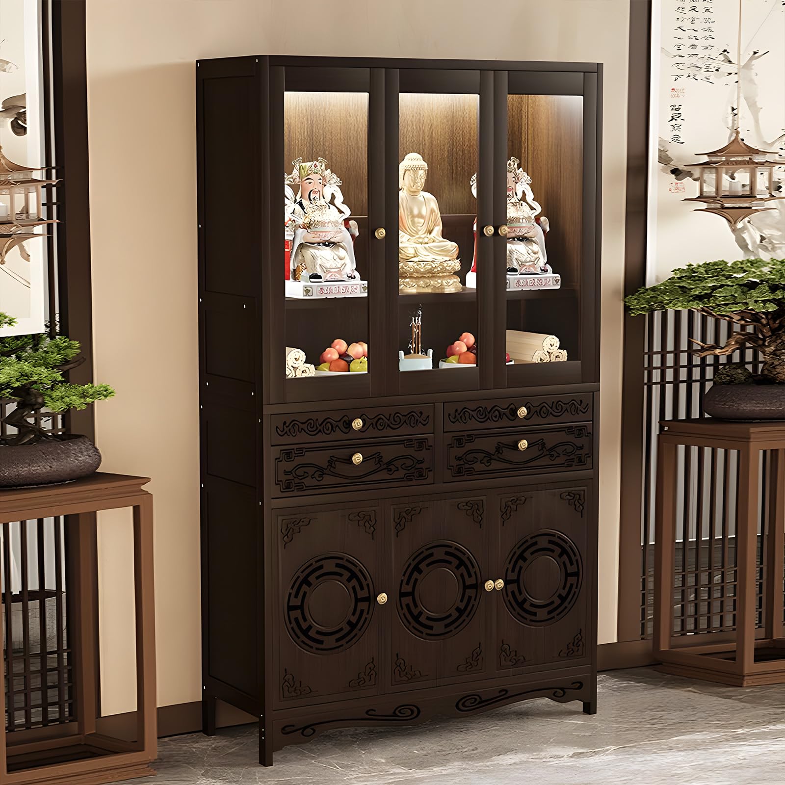 YKLYTBD Bamboo Home Altar Table Cabinet with Acrylic Dustproof Doors, Pull-Out Worship Platform & Storage Shelves, Multi-Tier Buddhist Butsudan Shrine