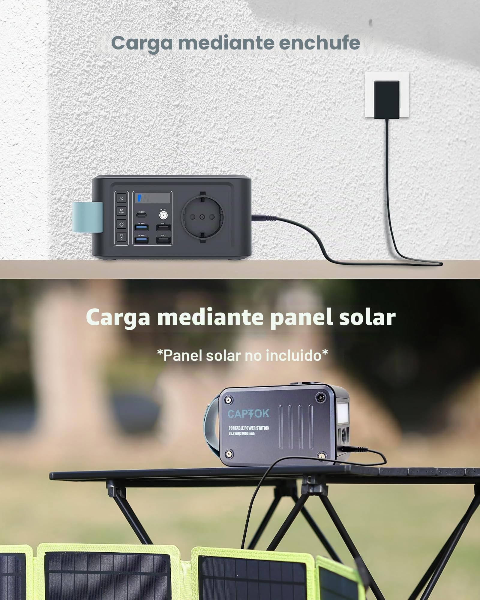 Powerbank 230V con toma de corriente 88.8Wh Powerstation, 10W Cargador inalámbrico, generador solar 120W USB LED para camping al aire libre de emergencia
