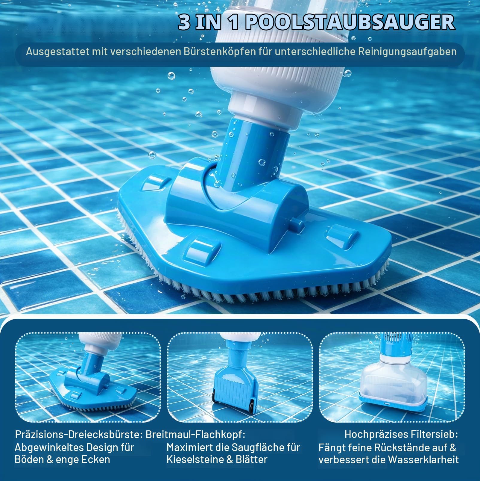 Poolsauger Kabellos mit Akku, Neu 3 en 1 Poolsauger Kabelloser Handsauger