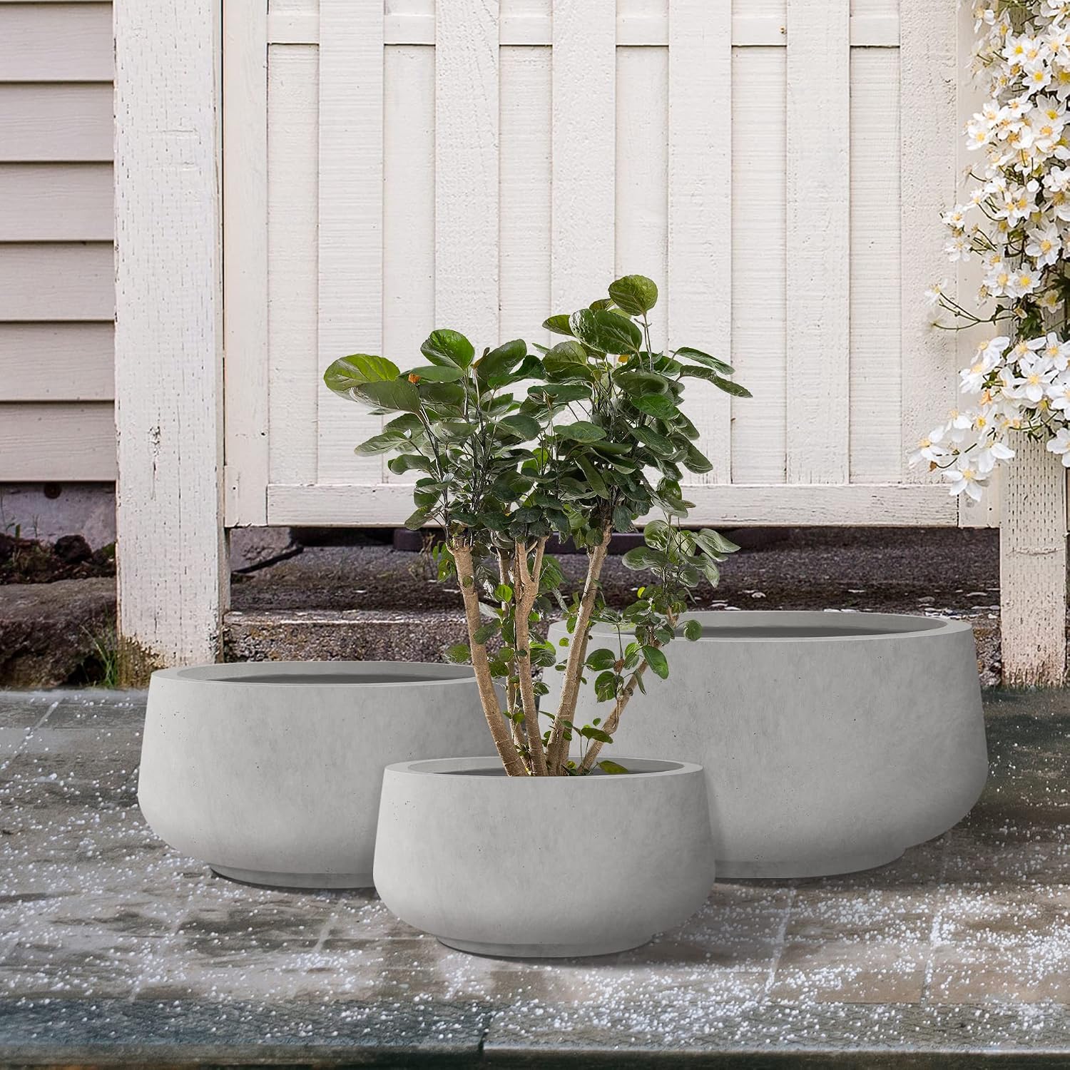 Kante 21.6",16.9",and 12.5" Dia Round Natural Concrete Elegant Planters (Set of 3), Outdoor Indoor Garden Plant Pot with Drainage Hole and Rubber Plug for Home & Patio