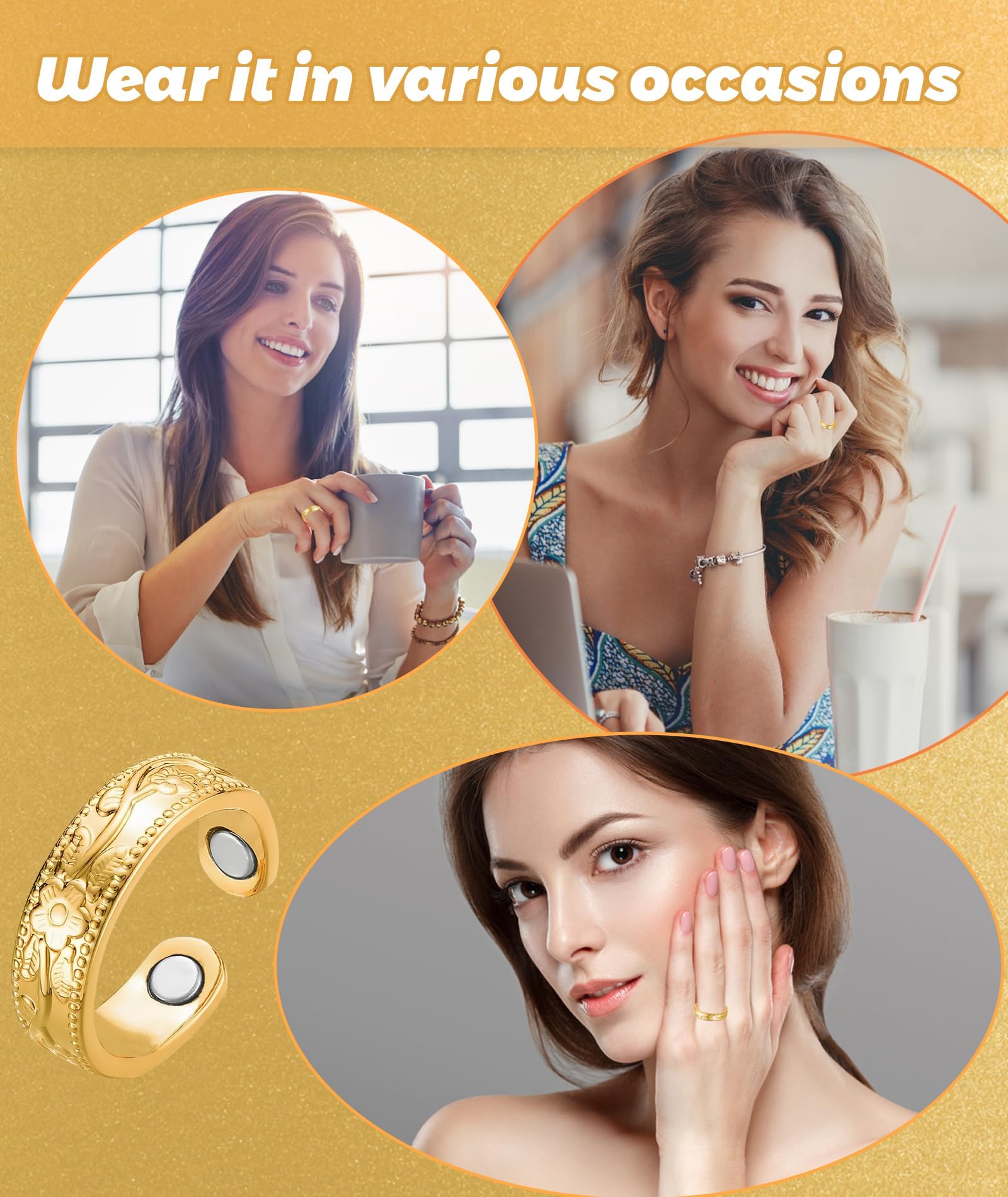 SQUISHCO Copper Ring for Men, Blood Sugar Control Ring Adjustable Magnetic, Therapy Ring for Blood Sugar Management Diabetic Control for Men and Women - Image 3 thumbnail