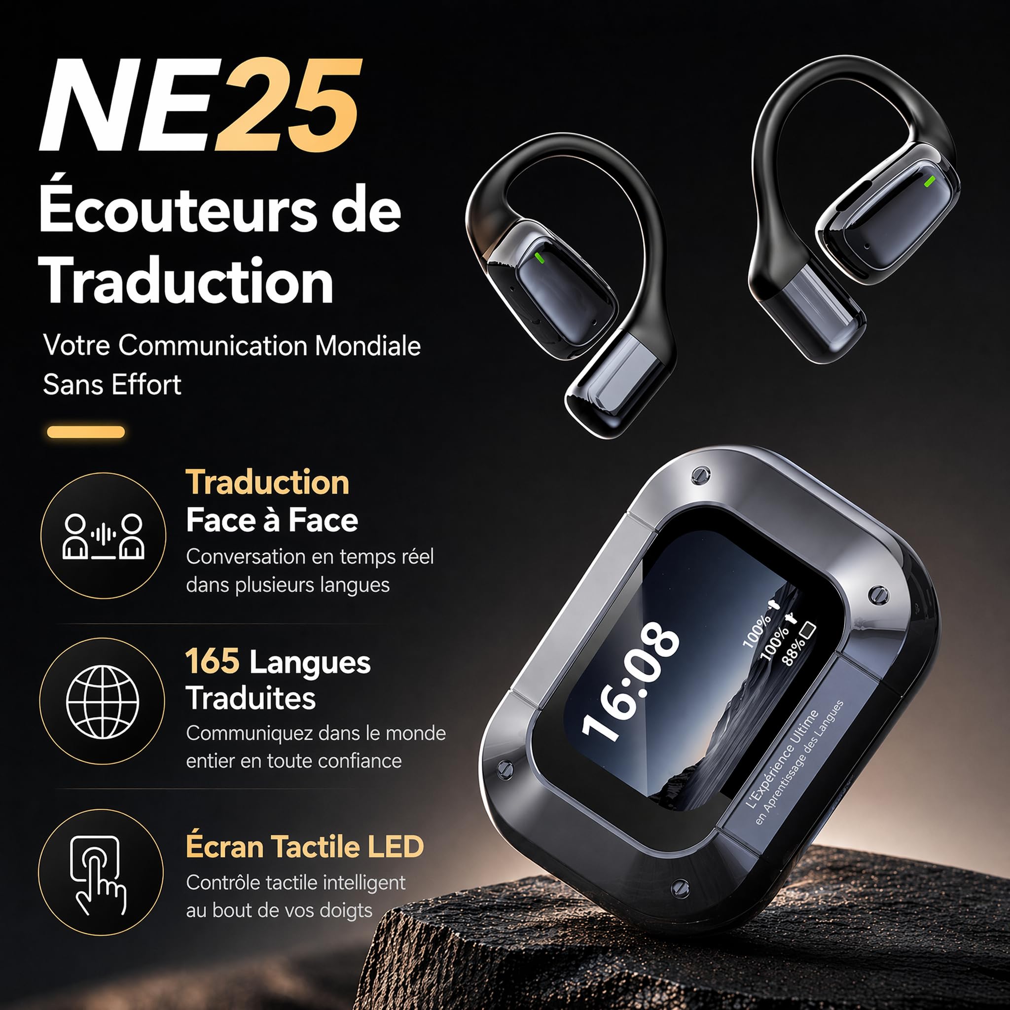 NE25 AI Traducteur Vocal Instantané 60H Écouteur Traducteur avec Écran 165 Langues 7 Modes de Traduction
