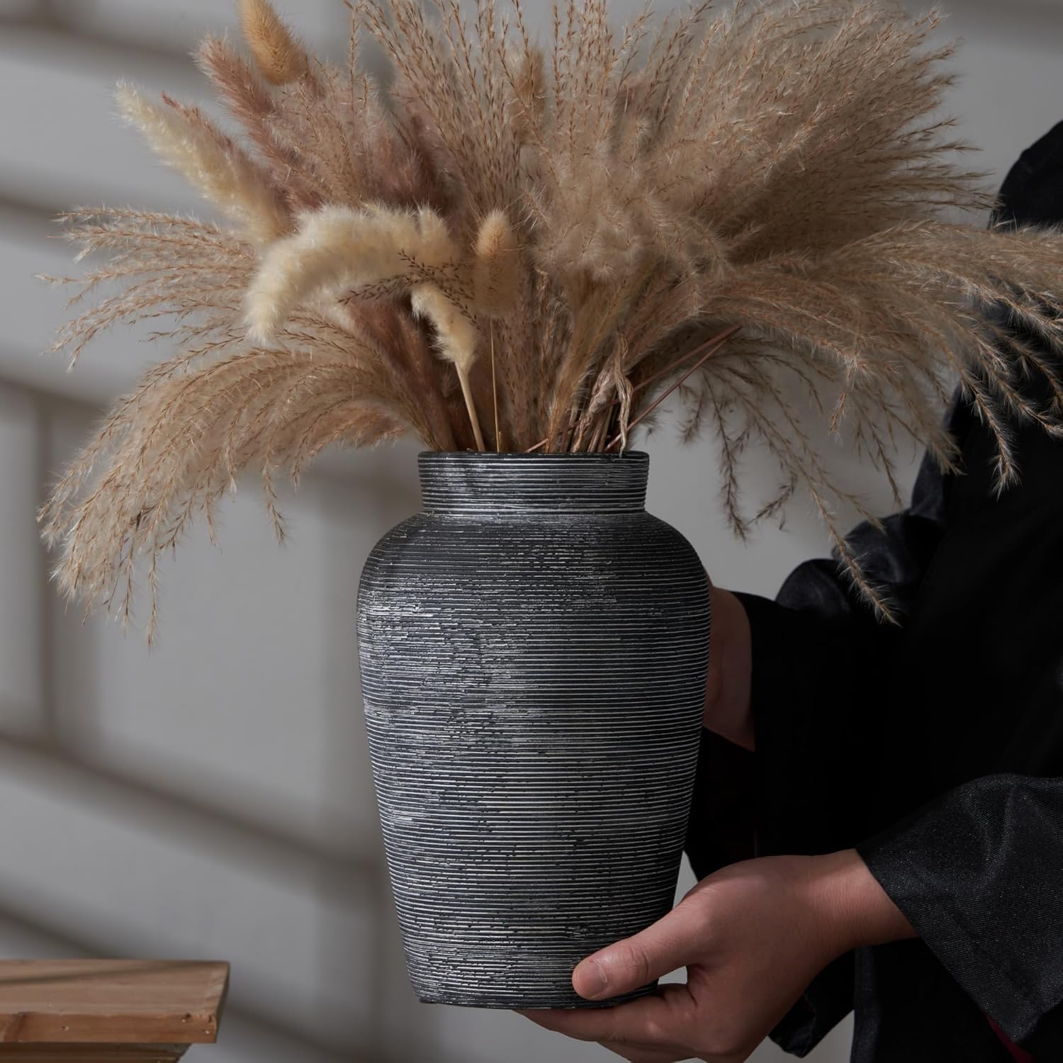 Large Ceramic Rustic Vase,10 inch Minimalist Decorative Farmhouse Vintage Tall Pottery Flower Vases for Home Decor, Living Room,Shelf Table Decoration,Wedding Housewarming Gift (Black)