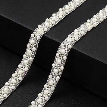 2 Yards Pearl Beaded Trim, Bridal Lace Ribbon Trimming, White Beaded Fringe Trim Applique, for Wedding Dress Sewing Crystal Rhinestone Applique Craft DIY Decoration