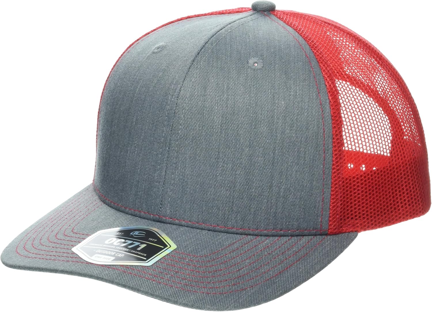 Outdoor Cap Blank Modern Trucker Hat - Mesh Back, Adjustable, Snap Back, Cotton Twill Cap, One Size, Heathered Grey/Red