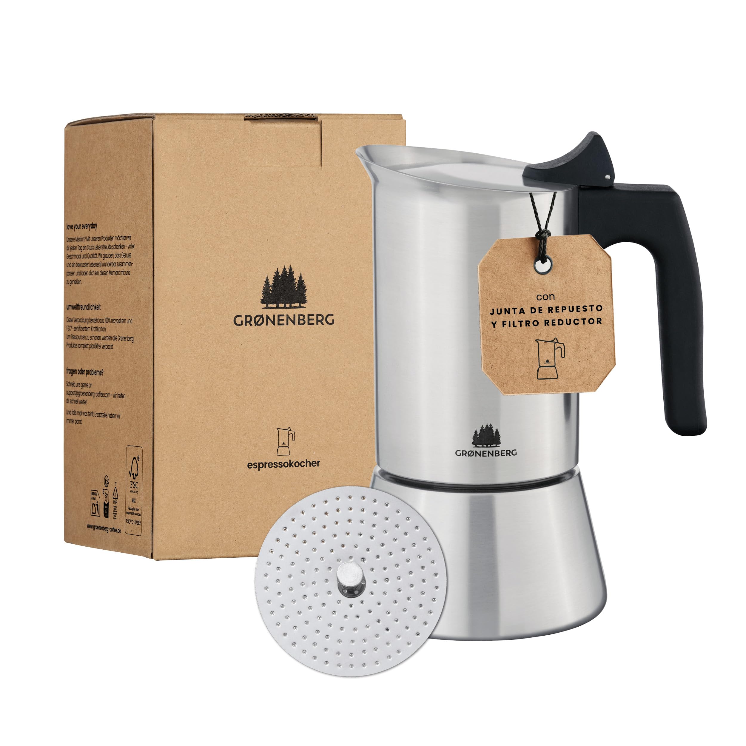Groenenberg Spar Set 3 | Espressokocher Induktion 6 Tassen + Kaffeemühle manuell | Edelstahl Espressokanne (300ml) + Handkaffeemühle