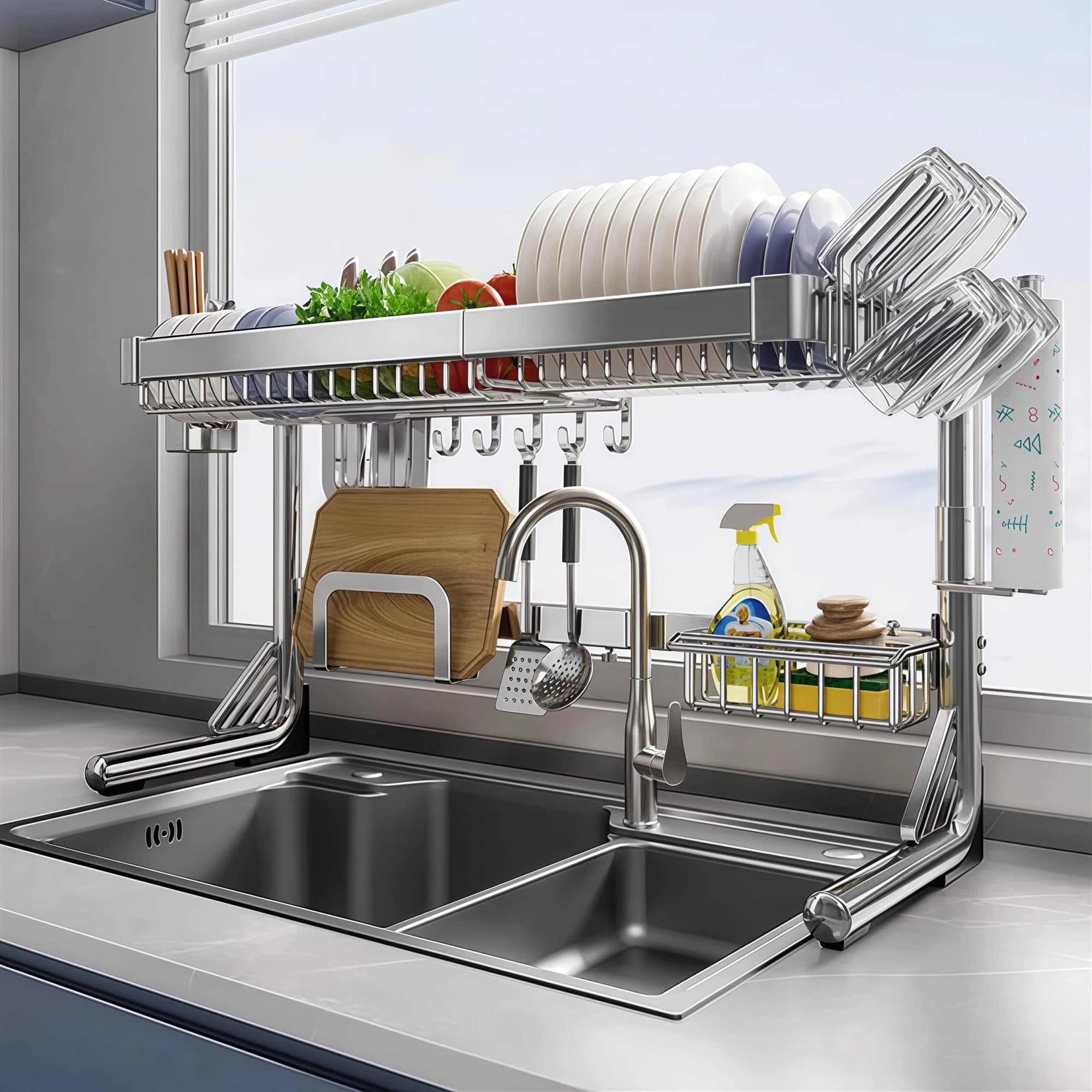 Escurreplatos sobre Fregadero，Organizador Cocina | Escurridor grande sobre fregadero,de metal con soportes, color negro