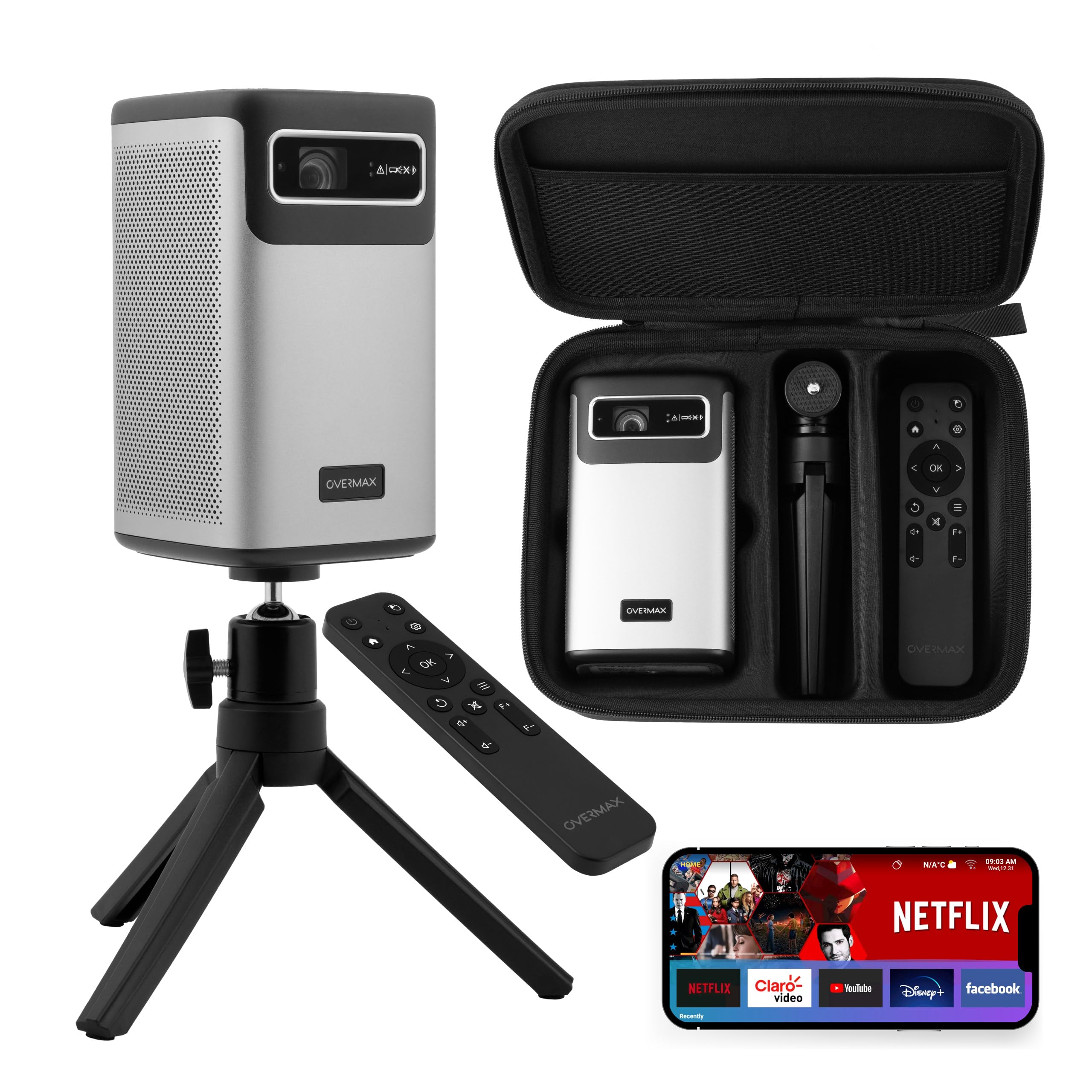 Projecteur OVERMAX Multipic 8.1 Résolution 4K Projecteur avec Keystone Autofocus et Correction du Trapèze, Image jusqu'à 200, Wi-FI Bluetooth 5.0, 5000 Lumens Télécommande, Durée de Vie 40 000 h