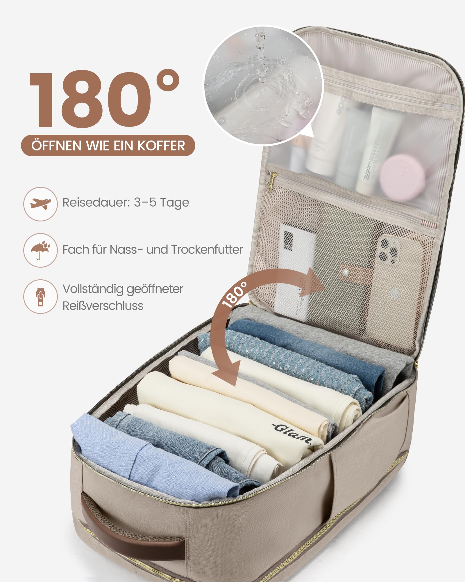 LOVEVOOK Bagaż podręczny, plecak podróżny, 40 l, kieszeń na laptopa, wodoszczelny, 15 kieszeni (Khaki-beż-brąz piaskowy, 18 cali – 50 L – 4 szt)