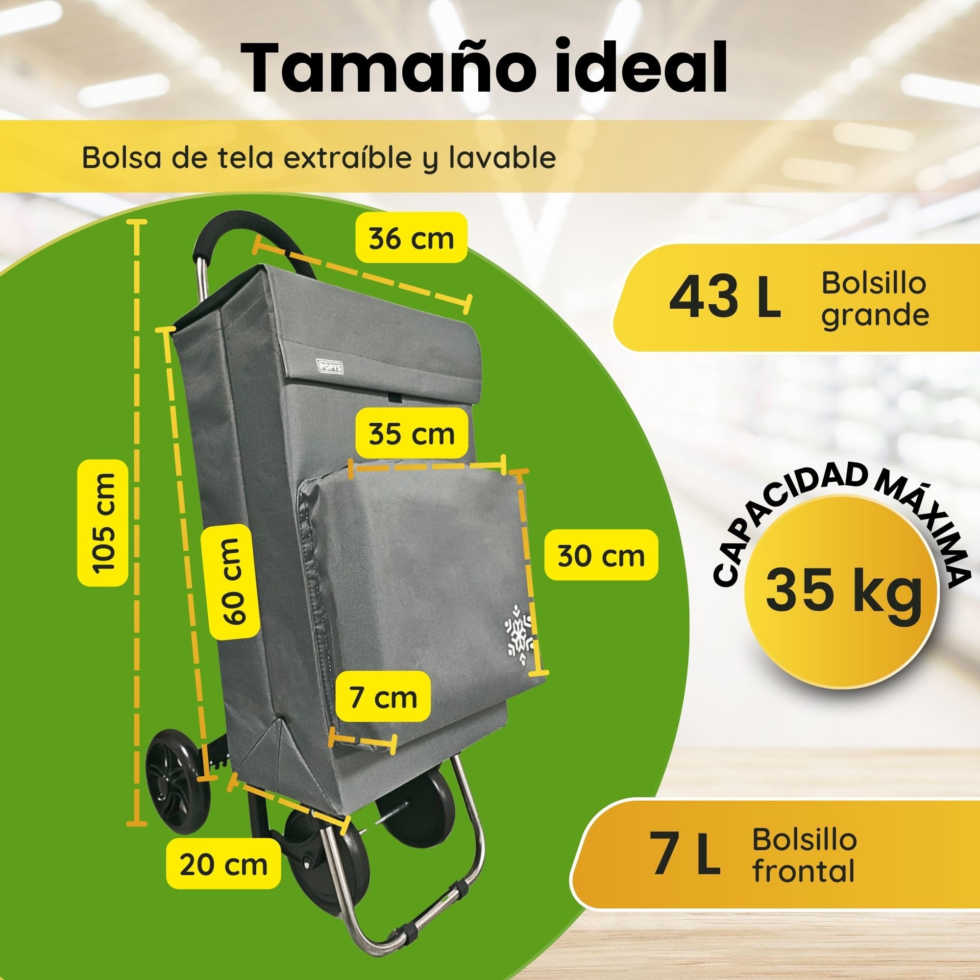 Carro de la Compra de 50L + Gancho Multiusos de Regalo con Compartimento Refrigerante | Carrito Compra de 4 y 2 Ruedas Ideal para Supermercado (Requiere Montaje) (Gris.) — view 3