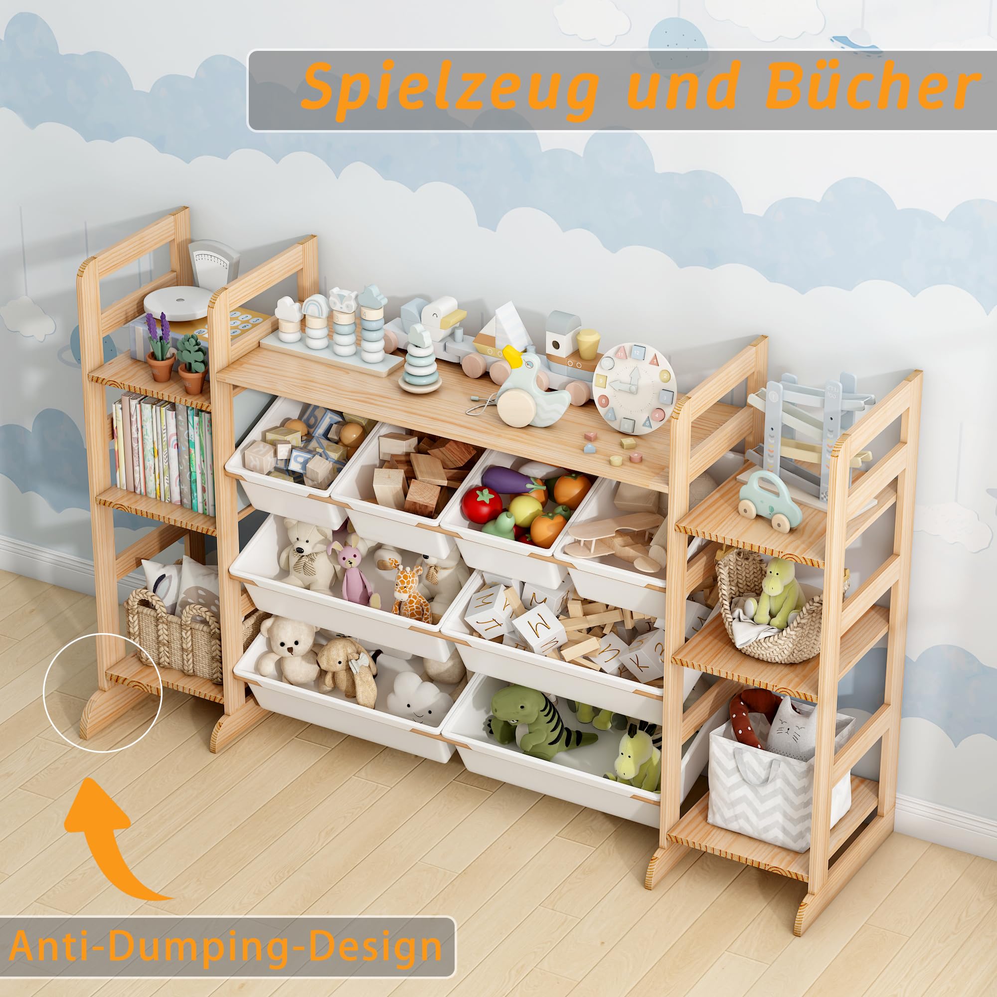 Meuble de Rangement Jouets Enfant Bibliothèque Enfant avec 8 Boîtes Amovibles, Bibliotheque Enfant Bois pour Aux Chambres à Coucher et aux Salles de Classe (133 x 80 x 34.5 cm)