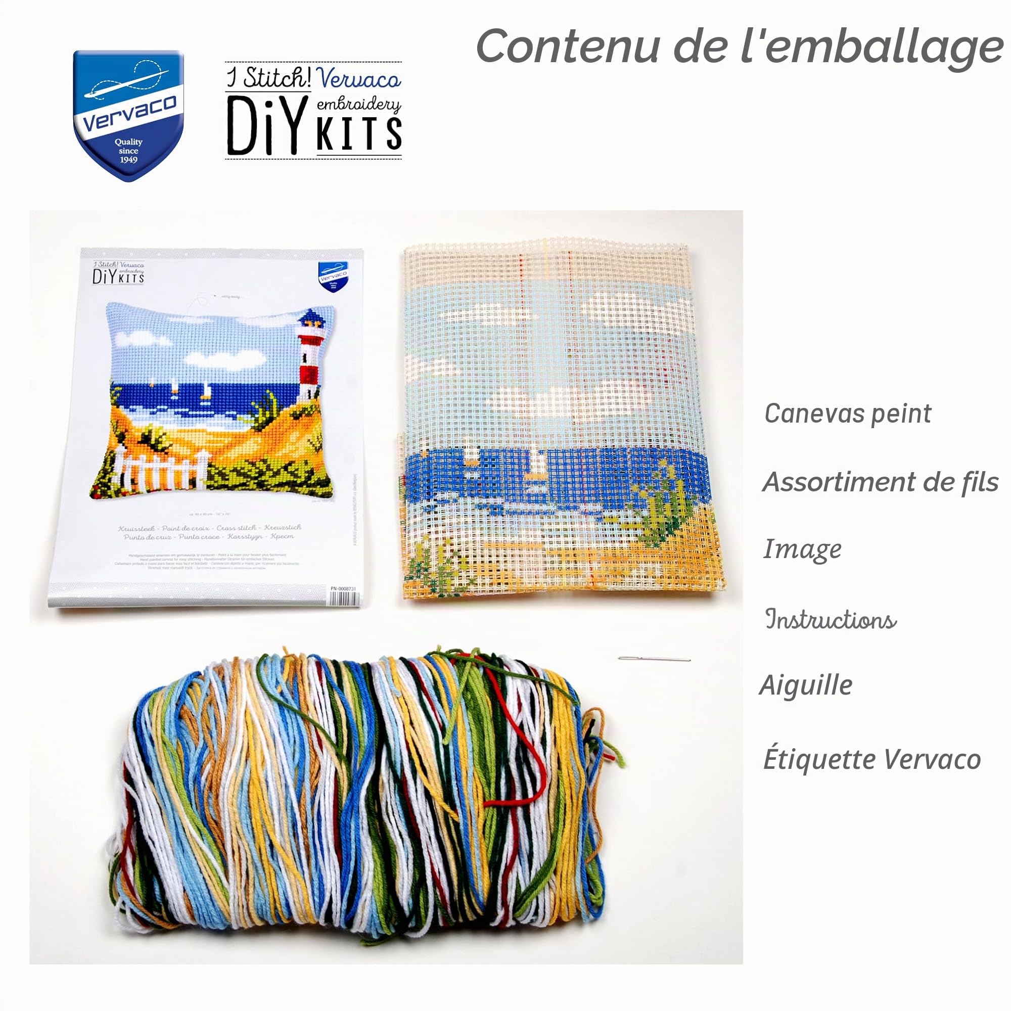 Vervaco Kit coussin au point de croix La plage au phare ,40 x 40 cm, Écru, Couleurs Variées