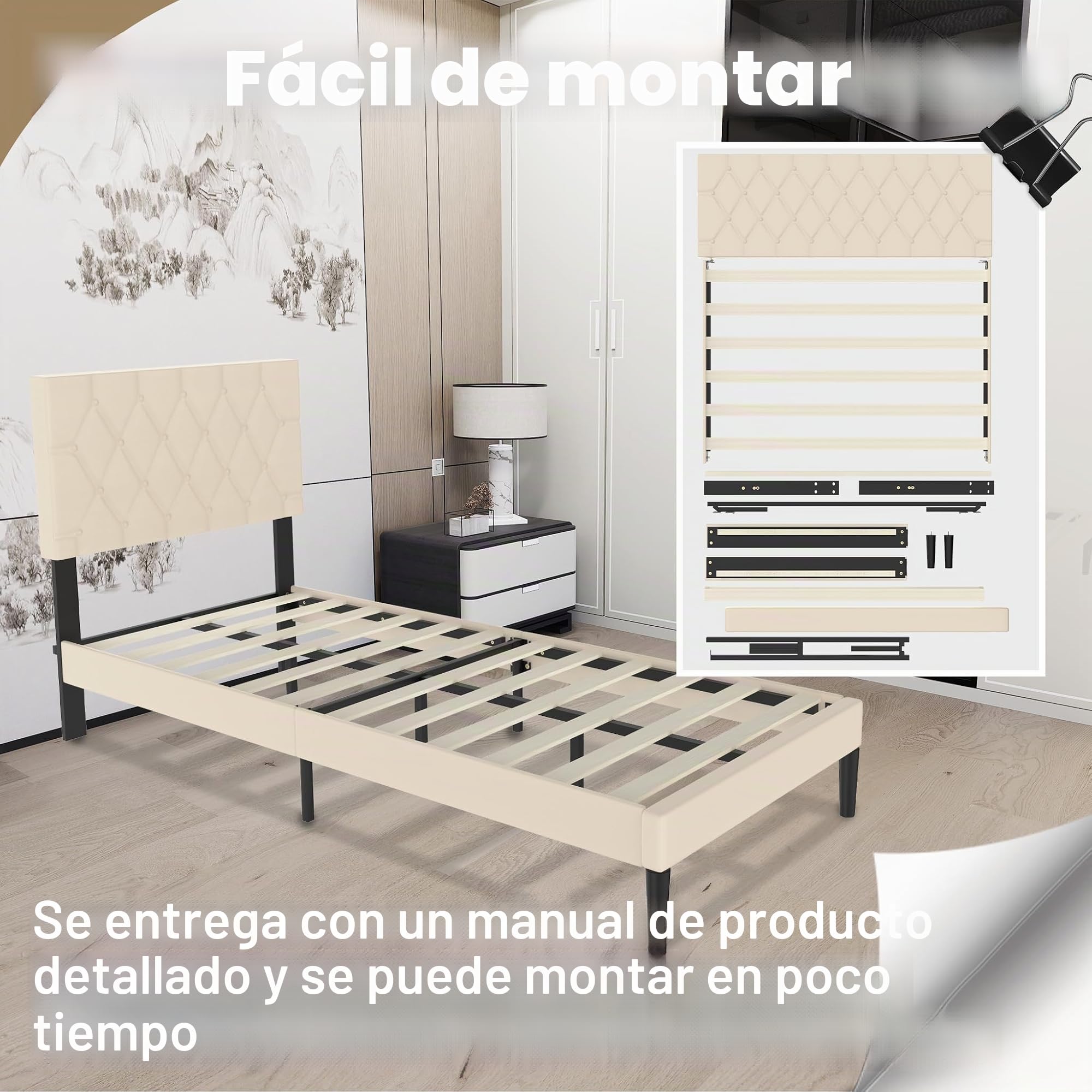 Froadp Cama tapizada de 90 x 200 cm – Marco de cama doble con soporte de listones de madera de piel sintética, cabecero tapizado con botones, marco de cama para dormitorio, diseño moderno (beige)
