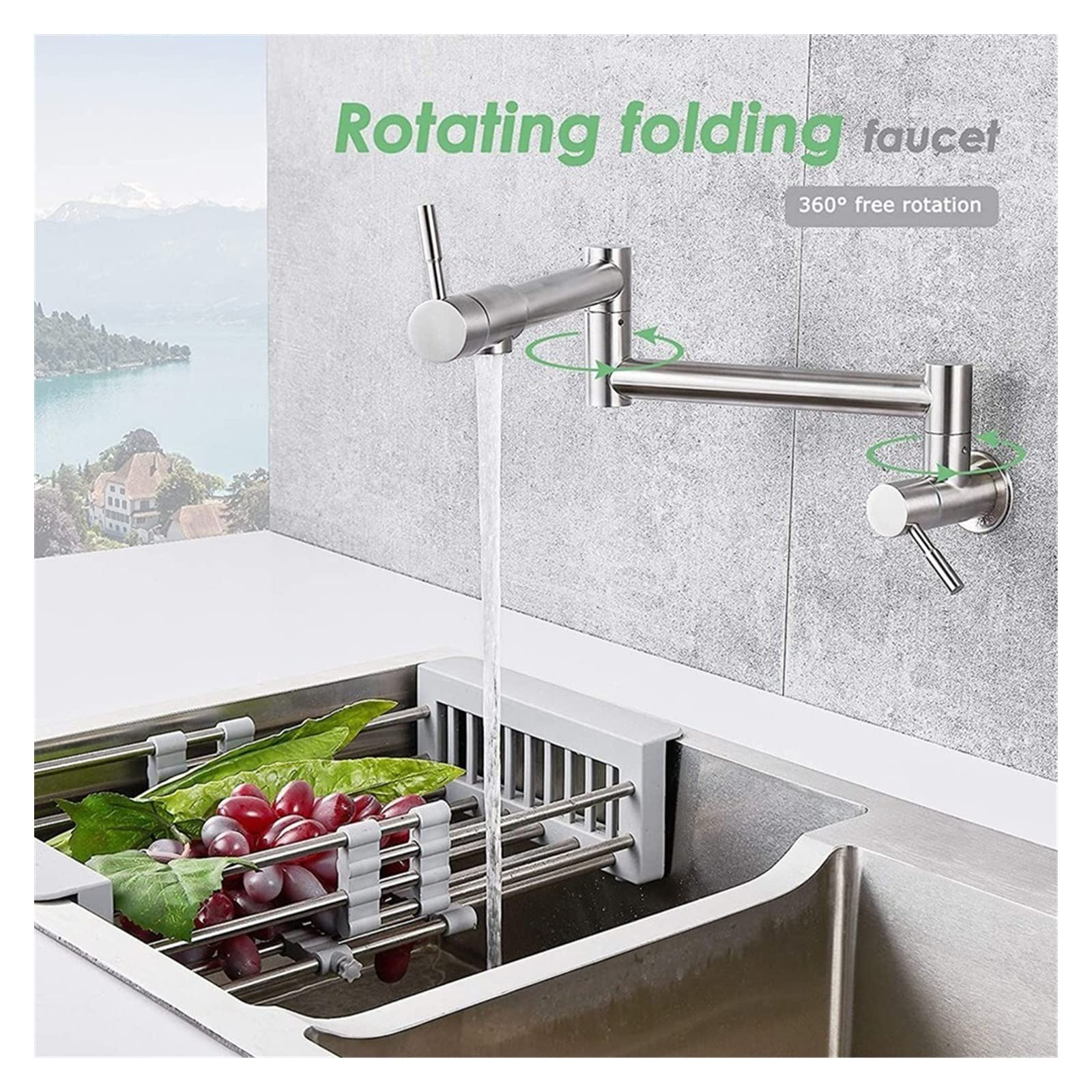 Faltbares Messing Wandmontierte Küchenarmatur -Topf Wasserhahn Schwenkfalt mit Dual -Ausgussdeck,Hocheffiziente Filtration