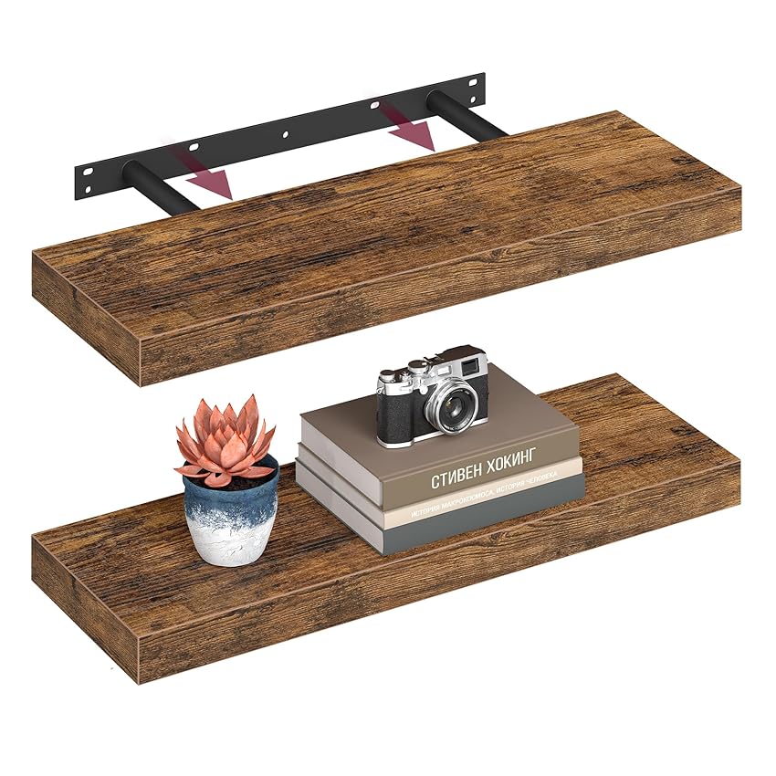 VASAGLE Mensola da Muro, Set di 2, Mensola da Parete, 20 x 60 x 3,8 cm, per Portafoto Decorazioni, Soggiorno Studio Cucina, Marrone Vintage LWS26BX-2